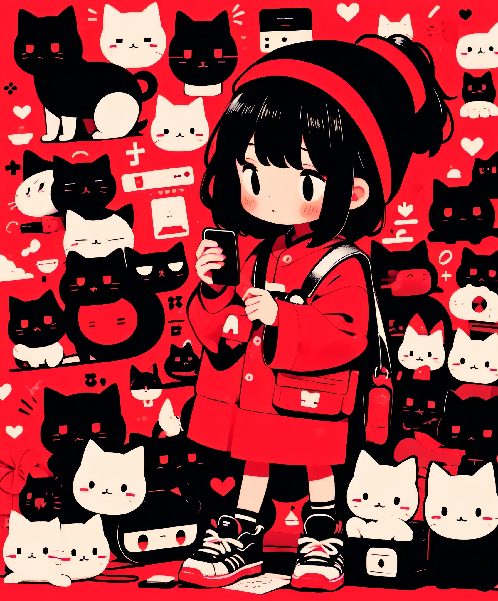 1 girl, black eyes, background, Pink hat, Bag, Cat, Red Hat, drawstring, black hair, shoe, stationery box, uniform, skirt, alone, cell phone, predio, hair accessories, Chinese, band aid plastic, sock, Toy, 白色shoe类, stripe, looking at the audience, jewelry, 运动shoe, Telephone, Permanent installation, blush, whole body, skirt, medium hair, sock ，hairpin, Red theme, dialog box, 拿着Telephone, shut up, cell phone, animal, short hair, 简单的background, 黄skirt