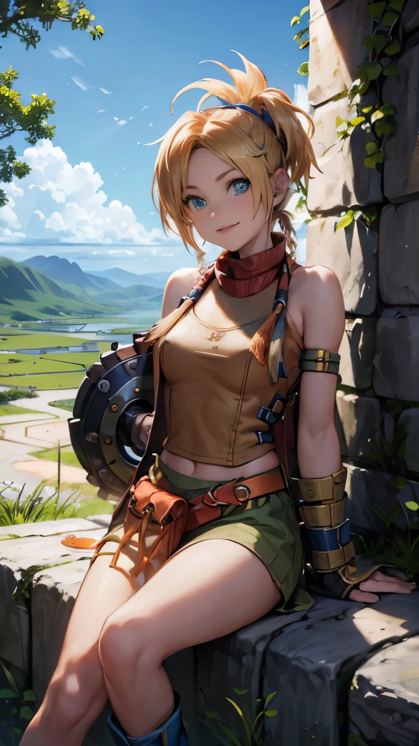 Rikku, the vibrant and lively Vygasian heroine from Final Fantasy X-2, is depicted in this stunning image. She sits confidently on an old stone wall, with one leg crossed over the other, exuding an aura of strength and determination. A gentle breeze playfully ruffles her short bobbed hair, adding an element of dynamism to the scene. Rikku's trademark blue and white mini-dress adorned with loops and pockets is visible, as well as her signature bandana around her neck. With a smirk on her lips and her piercing blue eyes focused intently on the viewer, Rikku strikes an utterly captivating pose.