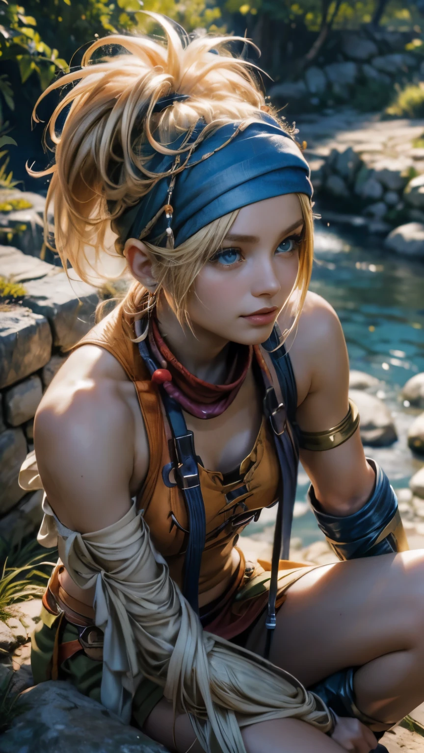 Rikku, the vibrant and lively Vygasian heroine from Final Fantasy X-2, is depicted in this stunning image. She sits confidently on an old stone wall, with one leg crossed over the other, exuding an aura of strength and determination. A gentle breeze playfully ruffles her short bobbed hair, adding an element of dynamism to the scene. Rikku's trademark blue and white mini-dress adorned with loops and pockets is visible, as well as her signature bandana around her neck. With a smirk on her lips and her piercing blue eyes focused intently on the viewer, Rikku strikes an utterly captivating pose.