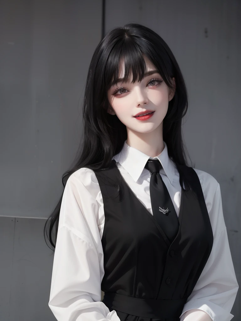 Best quality, masterpiece, super high resolution, (realism: 1.4), black hair, pale skin, bedhead, goth, happy, wispy bangs, white school uniform, black lipstick, full body shot, tie, dress, smiling