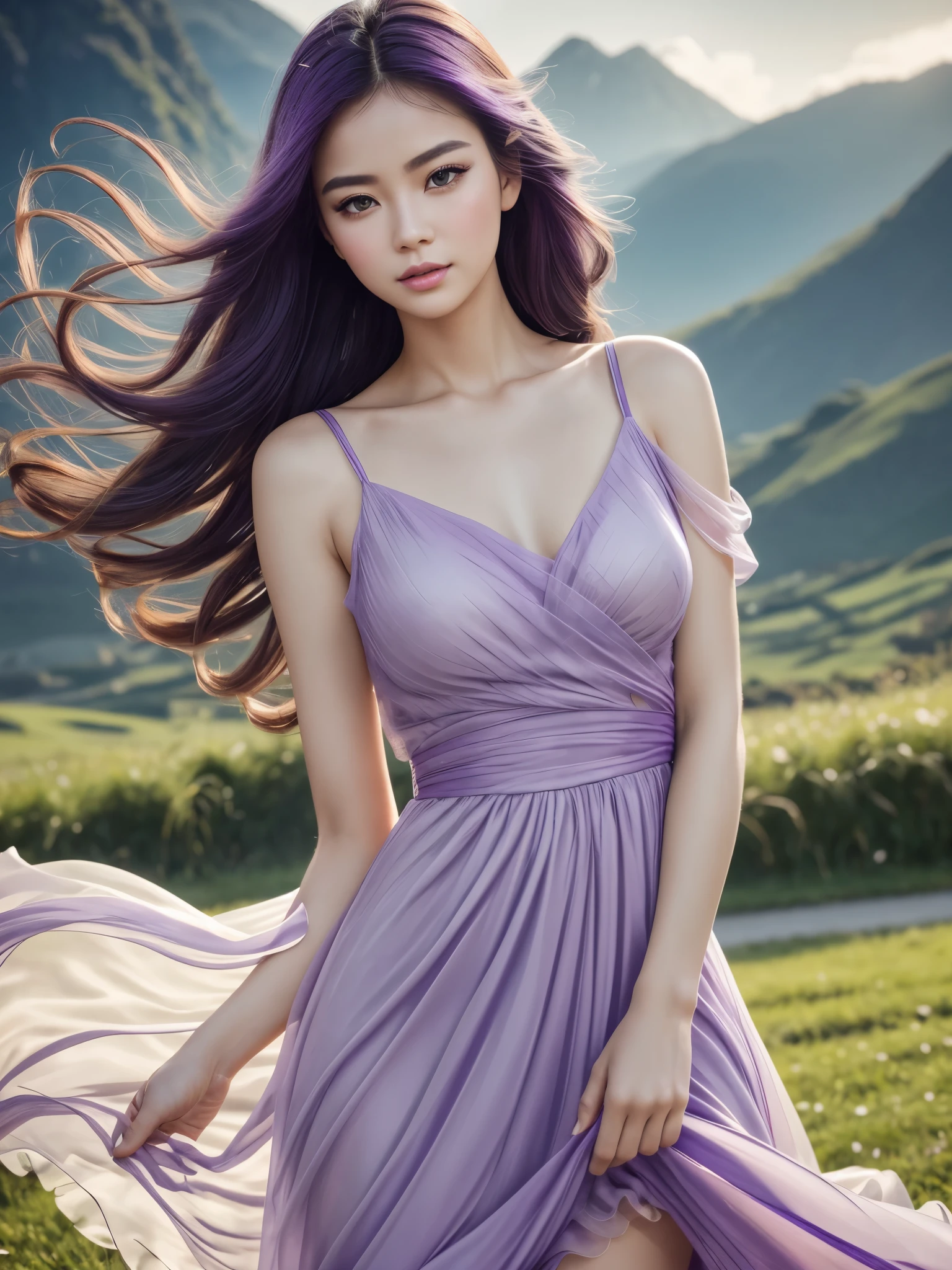 (best quality,4k,8k,highres,masterpiece:1.2),ultra-detailed,(realistic,photorealistic,photo-realistic:1.37),fashion photography, Vietnamese girl, beautiful detailed eyes, slight smile, beautiful detailed lips, long eyelashes, random hairstyle, random hair colour, stylish makeup, perky, gorgeous model, posing with confidence, sensuous expression, modern photography techniques, striking contrast between light and shadow, soft and natural lighting, pale skin tone, subtle blush, pop of colour on the lips, dramatic background with vivid colours, artistic composition, ethereal atmosphere, whisper of wind blowing through her hair, graceful and elegant posture, bokeh effects, (((purple flowing sheer dress))), exquisite accessories, bold and creative fashion choices, on an open scenic green fields with mountains at the background, raining, wet