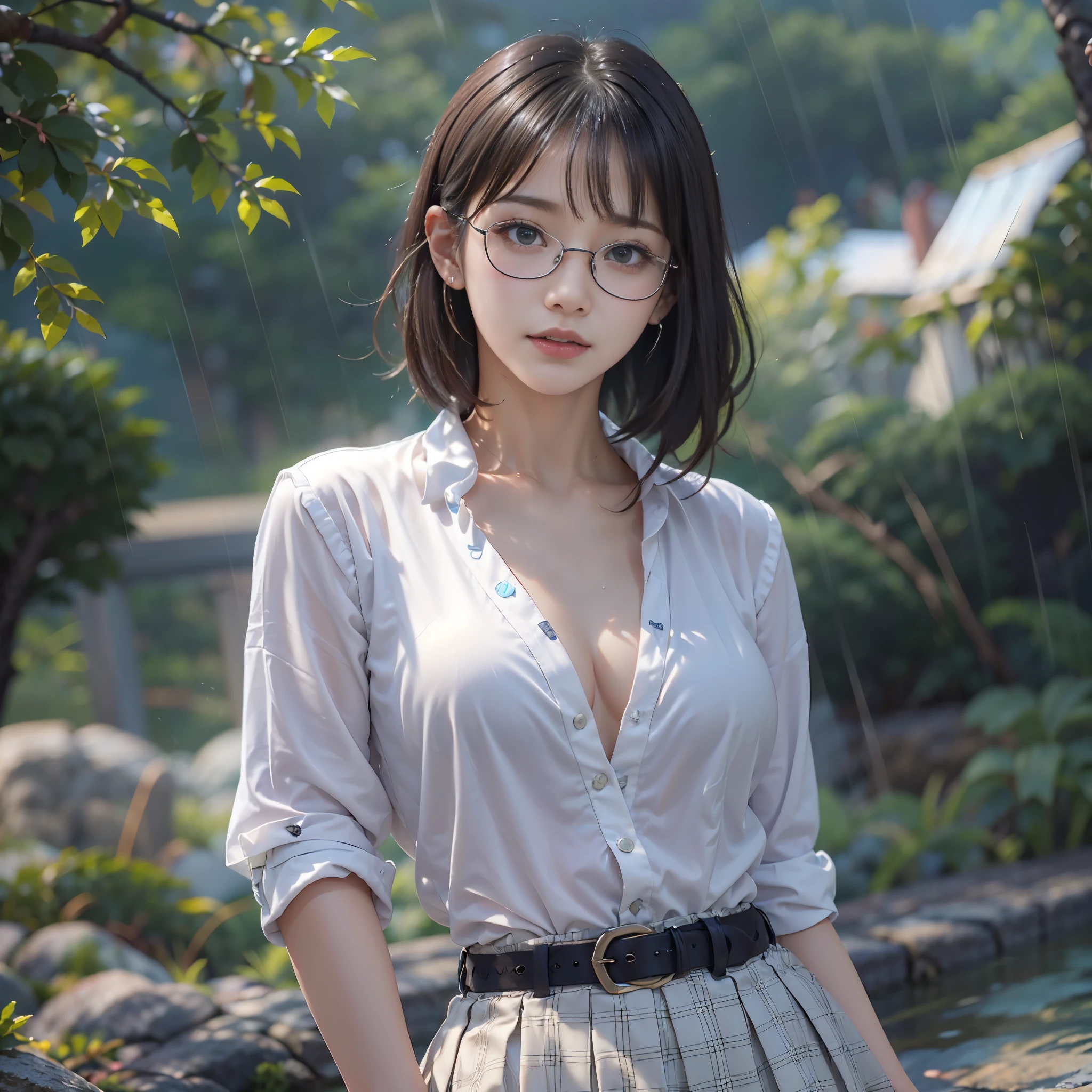 (realistic、Like a photograph、live action、8k, Photoreal, RAW photo, best image quality: 1.4), RAW photo, highest quality, realistic, Highly detailed CG Unity 8k wallpaper, Depth of written boundary, cinematic light, Lens flare, ray tracing,(rain:1.4、my hair is wet、clothes are wet、My clothes are transparent:1.37)、 (very beautiful face, beautiful lips, beautiful eyes), (Tight Skirt:1.3、white blouse:1.3、Glasses:1.5)、(big breasts、emphasize the chest:1.1)、face with intricate details, ((super dense skin))、 1 female,beautiful japanese woman、Japanese office lady、((outdoors:1.4)),(looking at the viewer)、((full body shot:1.1、Curvaceous:1.4))、random hairstyle:1.2、cleavage:1.2、i like the style、Snazzy、super detail face、pay attention to details、short bob hair、Fluffy Bob、sneakers、earrings、necklace、Highly detailed and professionally illuminated sad face、perfect costume、(white skin)、(I can see the whole body)