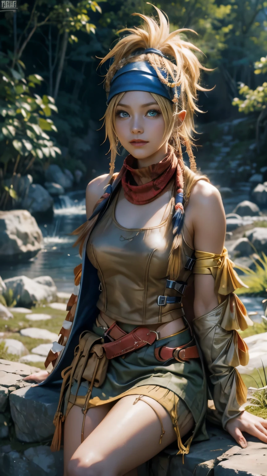 Rikku, the vibrant and lively Vygasian heroine from Final Fantasy X-2, is depicted in this stunning image. She sits confidently on an old stone wall, with one leg crossed over the other, exuding an aura of strength and determination. A gentle breeze playfully ruffles her short bobbed hair, adding an element of dynamism to the scene. Rikku's trademark blue and white mini-dress adorned with loops and pockets is visible, as well as her signature bandana around her neck. With a smirk on her lips and her piercing blue eyes focused intently on the viewer, Rikku strikes an utterly captivating pose.