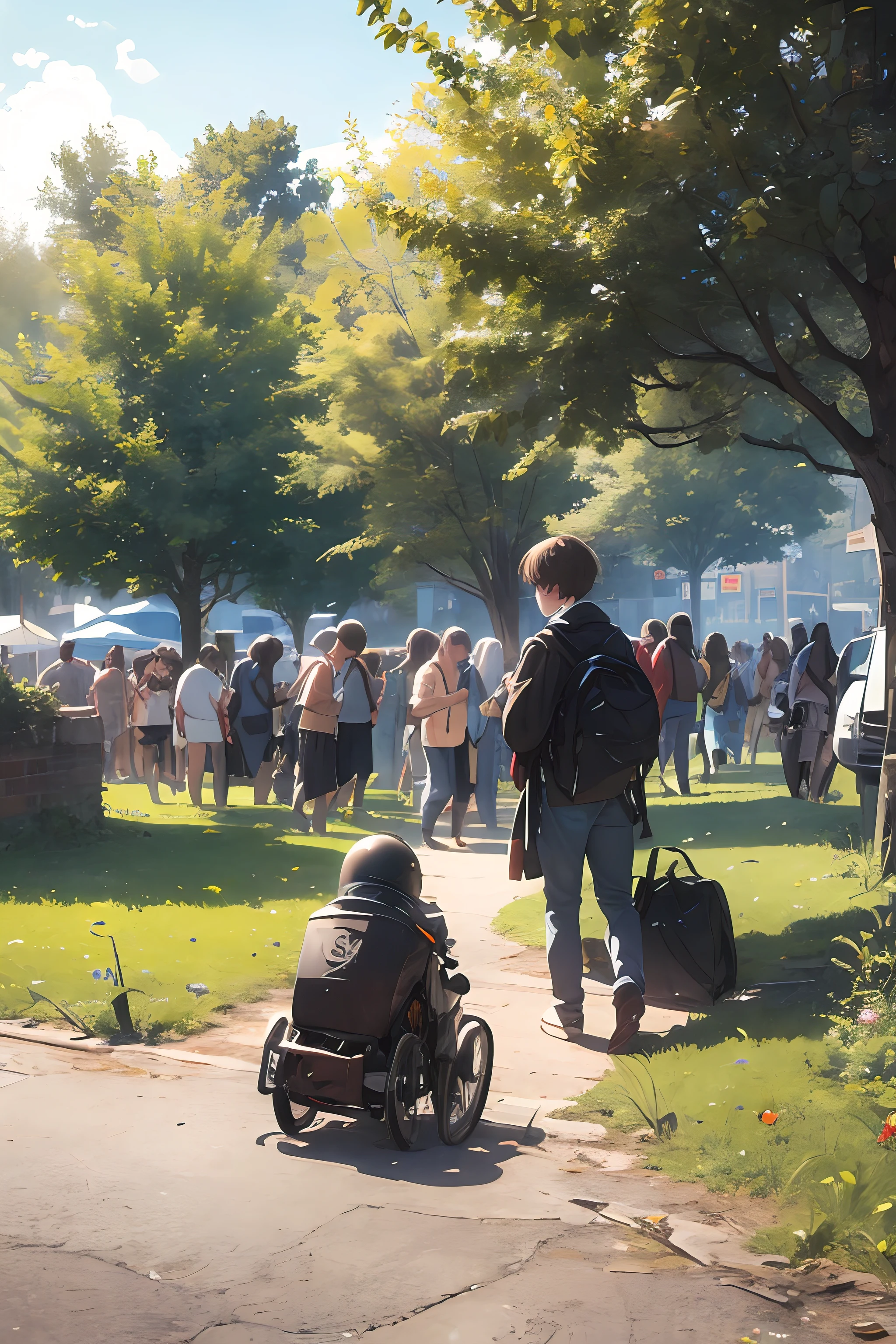 (masterpiece:1.2, best quality), Summer town, tree, ruins, crowd, sunny, Old rusty robot robot sitting on the ground, sad, begging for money, people walking around, bright colors, bright, low angle, wide angle