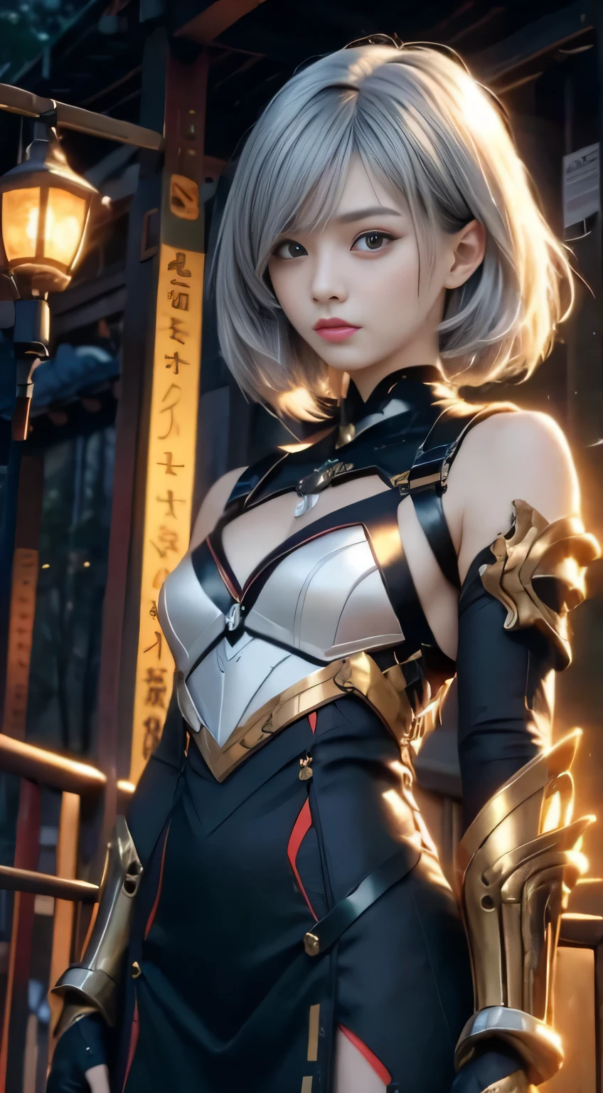 ((masterpiece)),(bestquality),((ultra-detailed)), ((beautiful detailed sky)), ((cinematic lighting)), depth of field, (dynamic angle),detailed lighting,(beautiful detailed eyes), ((japan night view)),red lip, eyeshadow,large breast, (erotic), ((sexy)), cleavage, navel, (noelledef, noellernd)