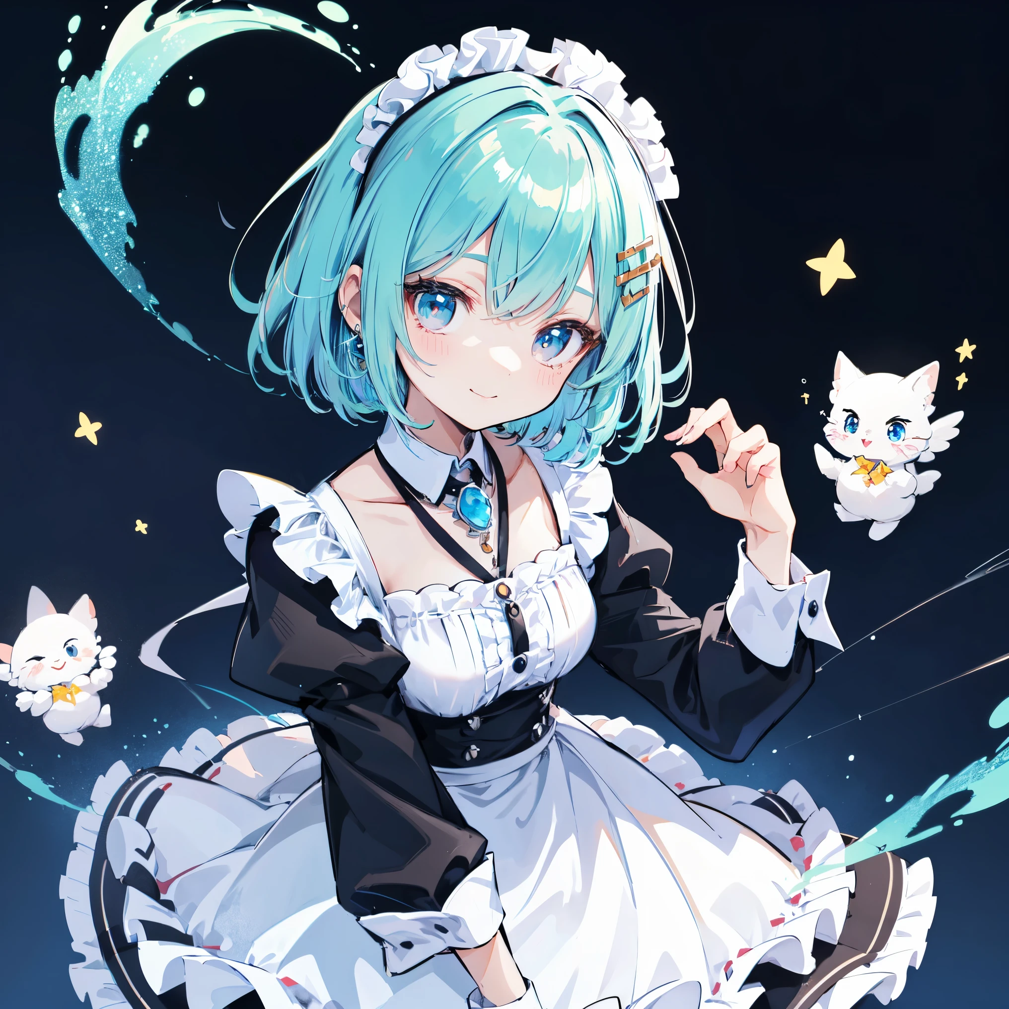 Maid clothes. she has a beautiful face and a bright personality、colorful eyes. I see a magical light shining around her.、Detail view. bright colors. High resolution、Two-tone hair、jewelry necklace、short hair、cute smile