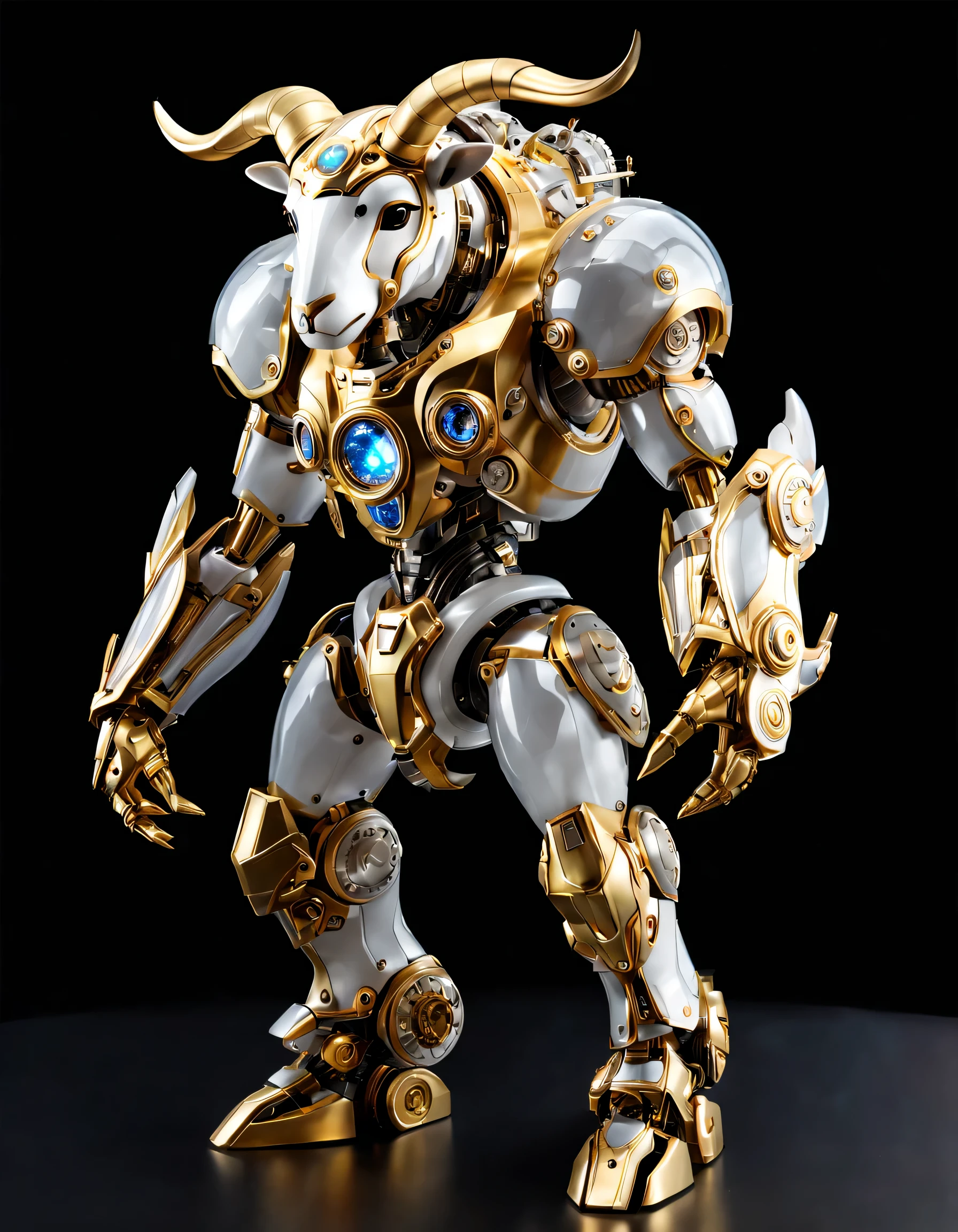 (full-body shot:1.5), (full view:1.5), (personification:1.5),Pure black background, A platinum sheep transparent mecha stands on the ground in a fighting posture, (Mechanical sheep head), Exquisite white transparent glass mechanical armor, Metal mechanical mask, Precision luminous electronic eye,(The internal structure is complex and precise:1.2), Exquisite and complex golden mecha texture, (gold mechanical thread:1.2), (Well-designed, high detail, masterpiece, best quality, ultra high definition, Sharpen details, ,metallic feel),New Jersey RS