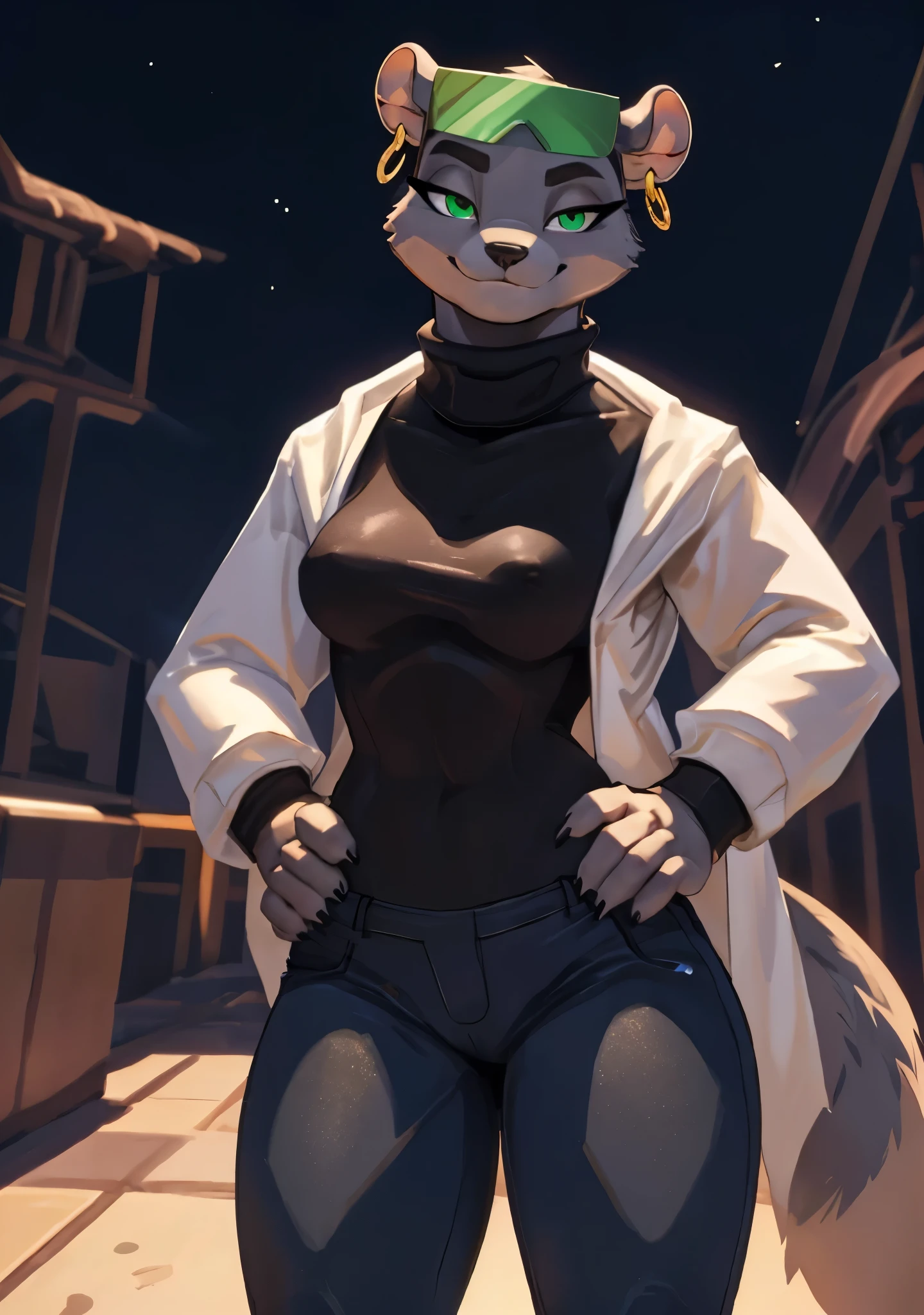 [marie itami], [brand new animal], [Uploaded to e621.net; (wamudraws), (Pixelsketcher)], ((masterpiece)), ((HD)), ((high res)), ((solo portrait)), ((waist-up)), ((front view)), ((furry; anthro)), ((detailed fur)), ((detailed shading)), ((beautiful render art)), ((intricate details)), {anthro mink; grey fur, black nose, (cute green eyes), (detailed iris), (long eyelashes), (long fluffy tail), (curvy hips), (detailed legs), (beautiful legs), (smug smirk), (relaxed expression)}, {(black turtleneck sweater), (white coat), (tight lowrise jeans), (green sunglasses on head), (gold hoop earrings)}, {(standing), (hand on hip), (looking at viewer)}, [background; (city), (clouds in sky), (blue sky), (sun rays), (ambient lighting)]