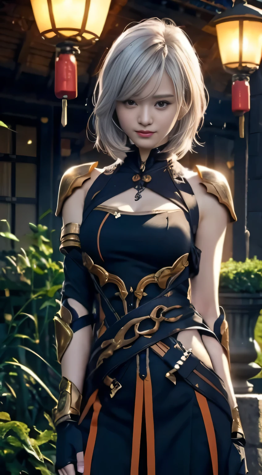 (1 Mechanical Girl)、top-quality、​masterpiece、(Photorealsitic:1.4)、1 girl、(silver hair)、glowy skin、(Small LED)、((super realistic details)), skin is exposed in cleavage、metals、Japan details、Realistic light、radiant eyes、Facing the camera、(orange and black mechanical chest plate), (((exposed shoulders and arms with gauntlets))), standing in a Japanese garden in the evening