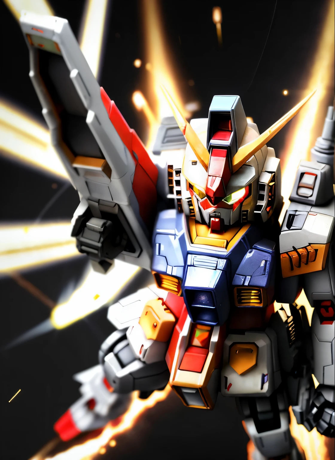 ((SF))、(masterpiece)、highest quality、Highly detailed CG Unity 8k wallpaper、((SD Gundam 1.2))、(F91)、sharp gaze、Confront the enemy with a bazooka and saber、dance in the air、Flying through the sky like a comet、surrounded by fin funnels、chibi character、background earth、realistic outer space、robot、mechanic、docking core、Maximum output、continuous attack、beam radiation、Vesbar、fully armed、rusty edge、shine of light、Lens flare、unreal engine、