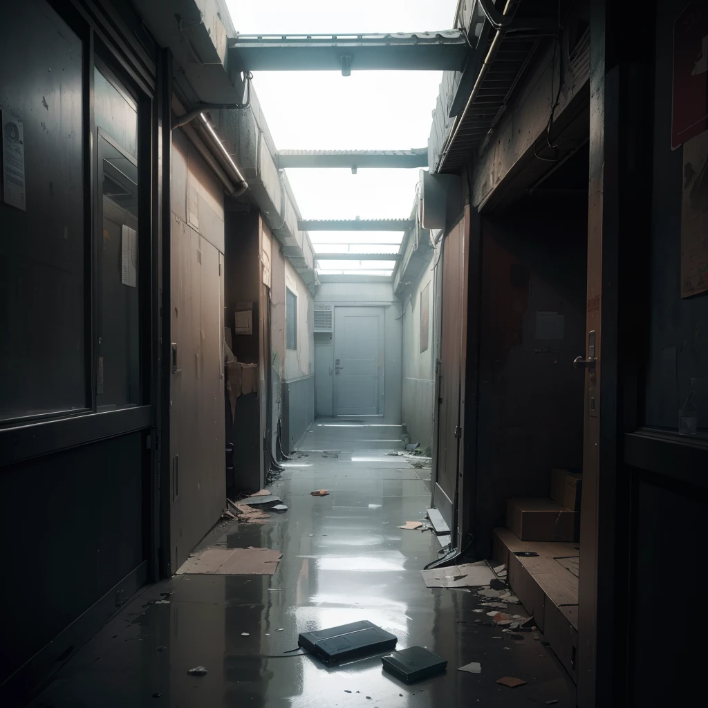 (best quality,4k,8k,high res,masterpiece:1.2),ultra-detailed,(realistic,photorealistic,photo-realistic:1.37),concrete,abandoned apartment hallway,long staircase,non-functional lift,door on both sides with pillars,dark lighting,vibrant colors,industrial aesthetic,gritty texture,layers of peeling paint,vignette effect,dust particles,desolate atmosphere,echoing silence,isolated feeling,urban decay,post-apocalyptic,hauntingly beautiful , good composition, no mistake in object placement, solve composition problems