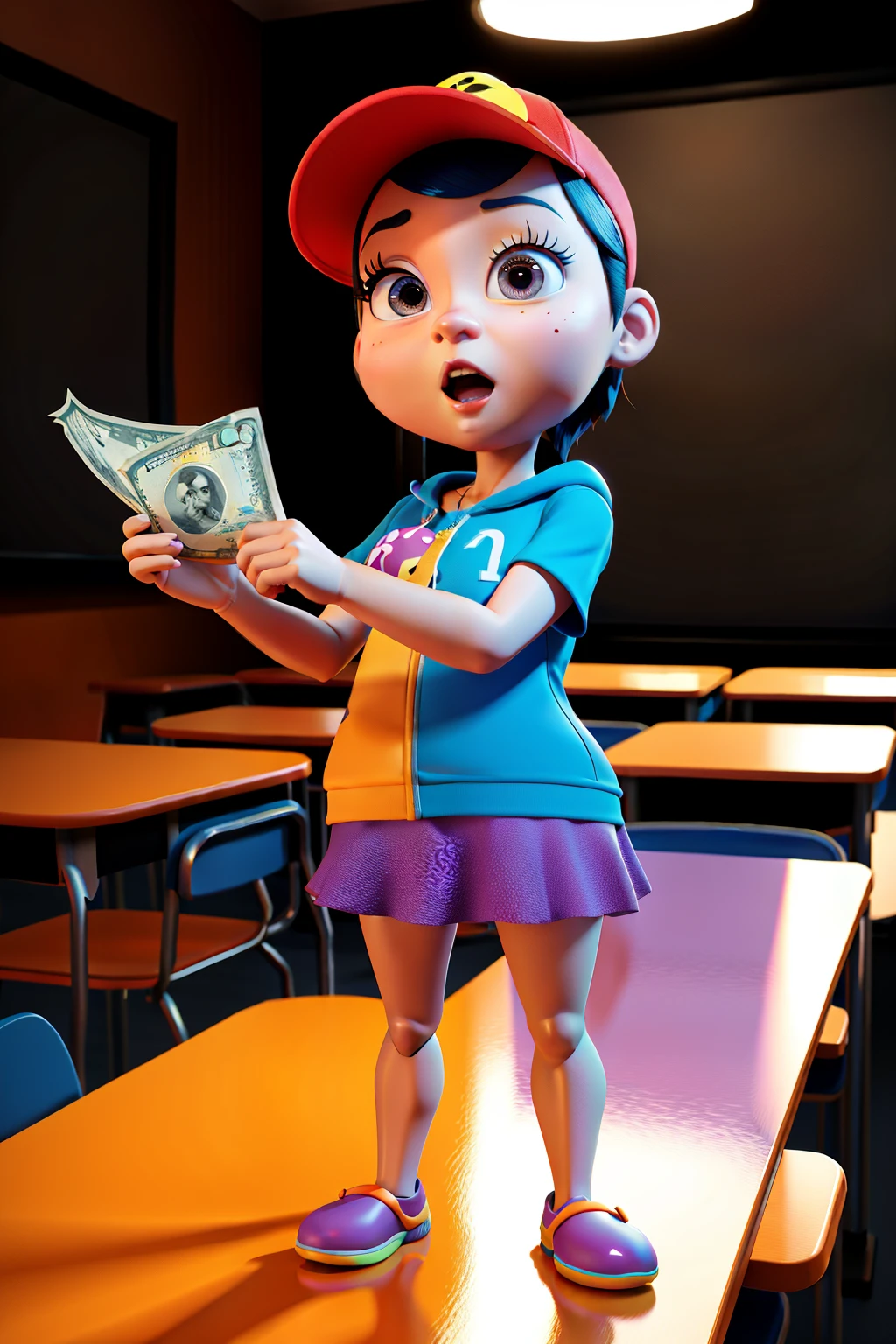 Cartoon character of a classroom filled with students. A famous teacher stands at the front, holding up a one hundred dollar bill,e barba curta e uma camisa preta,who works with photographer, um personagem animado, Caractere estilizado, animation style rendering, 3D estilizado, Arnold Maya render, 3 d render stylized, toon render keyshot, Personagem 3D, Personagem 3D, 3d rendering stylized, 3 d character render, personagem de desenho animado, Personagem de close up, Pose de personagem, (Estilo Pixar) (master part:1.2) (Bokeh) (best quality) (pele detalhada) (textura detalhada) (8k) (argila) (Cinematic lighting) (sharp focus，Senta e vaza a parte superior do corpo