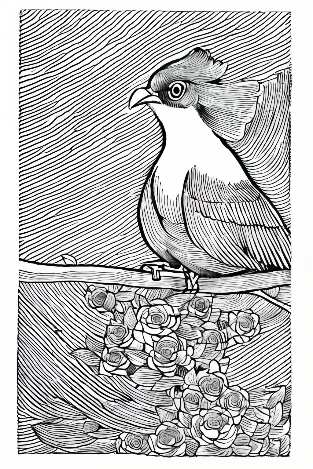Drawing of a bird sitting on a rose branch, Many birds and roses flying around, highly Detailed ink illustration, engraving illustration, Detailed ink illustration, Very detailed lines, Perfect pen and ink line art, Hand drawn illustration, pen and ink illustration, Pen illustration, Exquisite ink illustration, Line art illustration, Bold and intricate ink illustrations