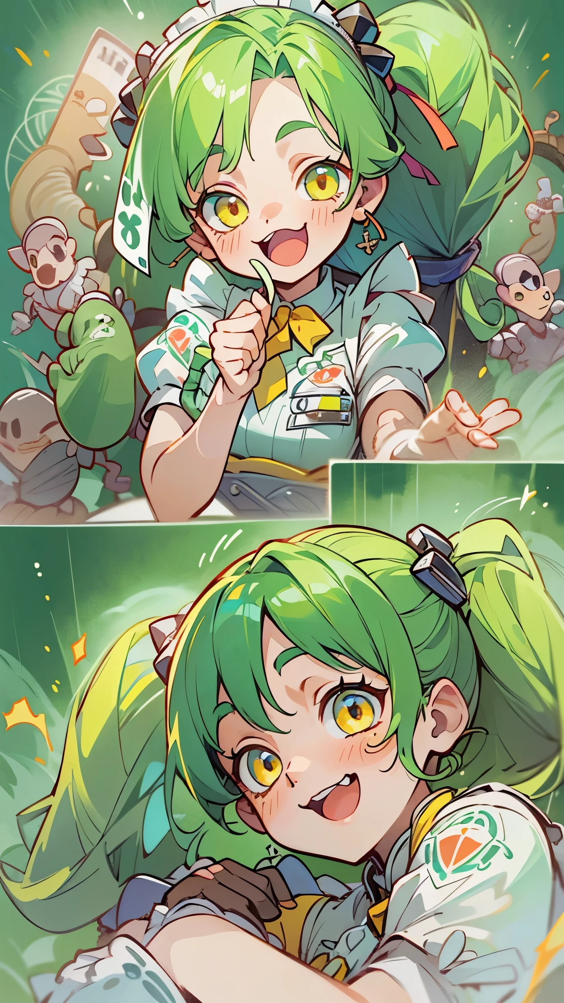 perfect anatomy, masterpiece:1.2, best quality, 8k, beautiful detailed grow, daydreaming expression, (((;3))), frontal (solo ponytail green hair long hair divine cute girl, 14 yo, detailed yellow eyes), smile open mouth, in a maid uniform, break, in the enchanted room.