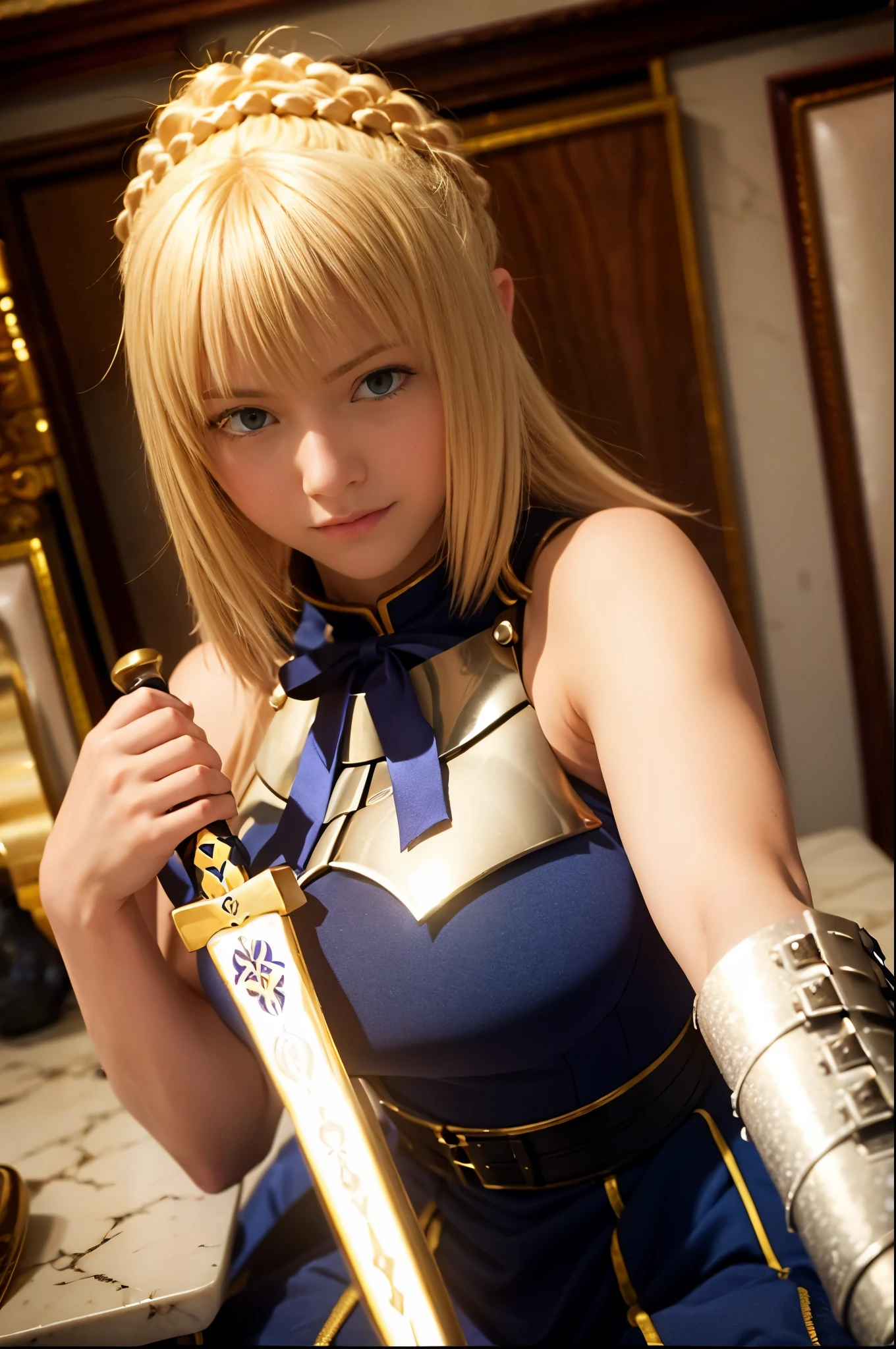  1girl,(((17 years old))),(a blond), (braided single hair bun)), (huge breast:1.5), (((armor))),(((showing nipples))), ((beautiful anime eyes with fine detail)), ((indigo blue ribbon)), realistic skin, (intricate details), ((lighting forward)), depth field, ((ultra high resolution, high res)), {highres}, {{very fine 8KCG wallpapers}}, {{very precise detailed}}, ((((masterpiece)))),background old castle, ((grasp a excalibur)), ((golden sword))