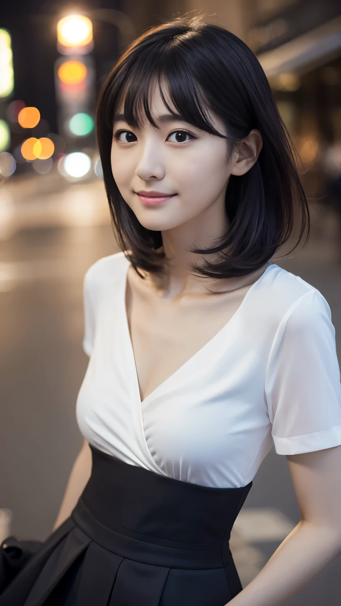 1 female,18-year-old,(numerical portrait:Mayu Yokota, Yuko Araki),black eye,beautiful face,(thin skeletal surface+delicate features、),非常にdetailed face,(delicate Japanese makeup), black eyelash curls for long hair,(messy and layered, by bangs), smile,Please look into the camera,fair and smooth skin,(optimal skin type:1.21),(clavicle:1.2),slim fit suits for women,V neck white short shirt,(deep v neck,big breasts),short hip wrap skirt,(realistic close-up photo of woman),thin waist、long legs,(slim body shape),street,((Hasselblad Photos)),surreal pictures, Physically based rendering,professional lighting,exquisite details,detailed face,the picture is pure,perfect hands,perfect posture,ultra fine makeup,ultra-fine clothing material、live action、smile and stand up straight、New York night view、blur the background
