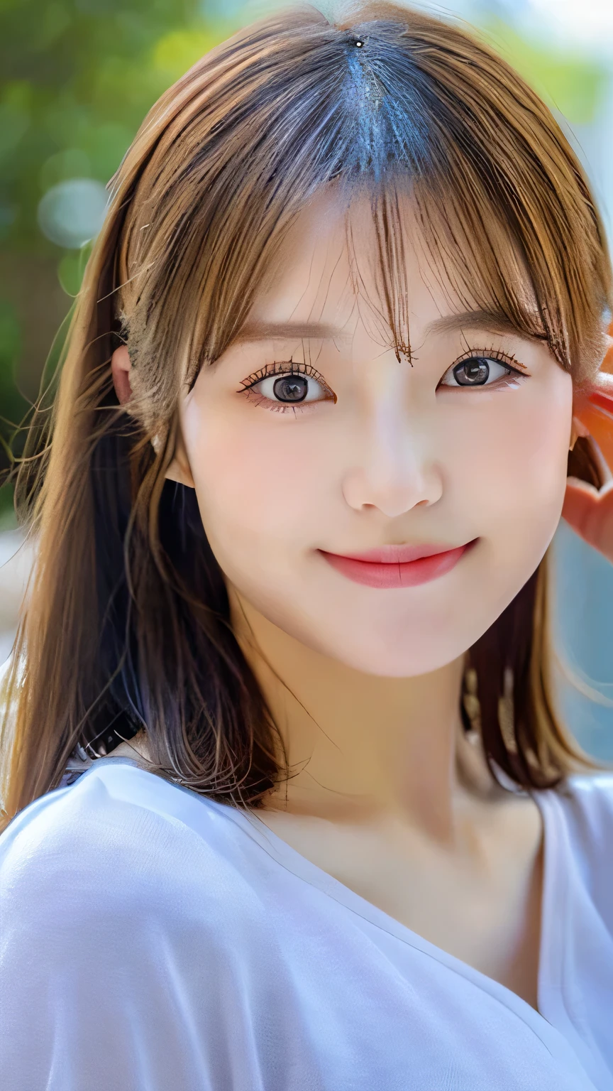 ((best image quality, 8k, masterpiece:1.3)), 1 girl, Beautiful woman with slender abs:1.3, (casual hairstyles, :1.2), sweatshirt hoodie,Extra-fine face, detailed eye, double eyelid,With a smile。Let's take a photo with a cute pose,numbers are very bad,small waist,big breasts,close,close chest,