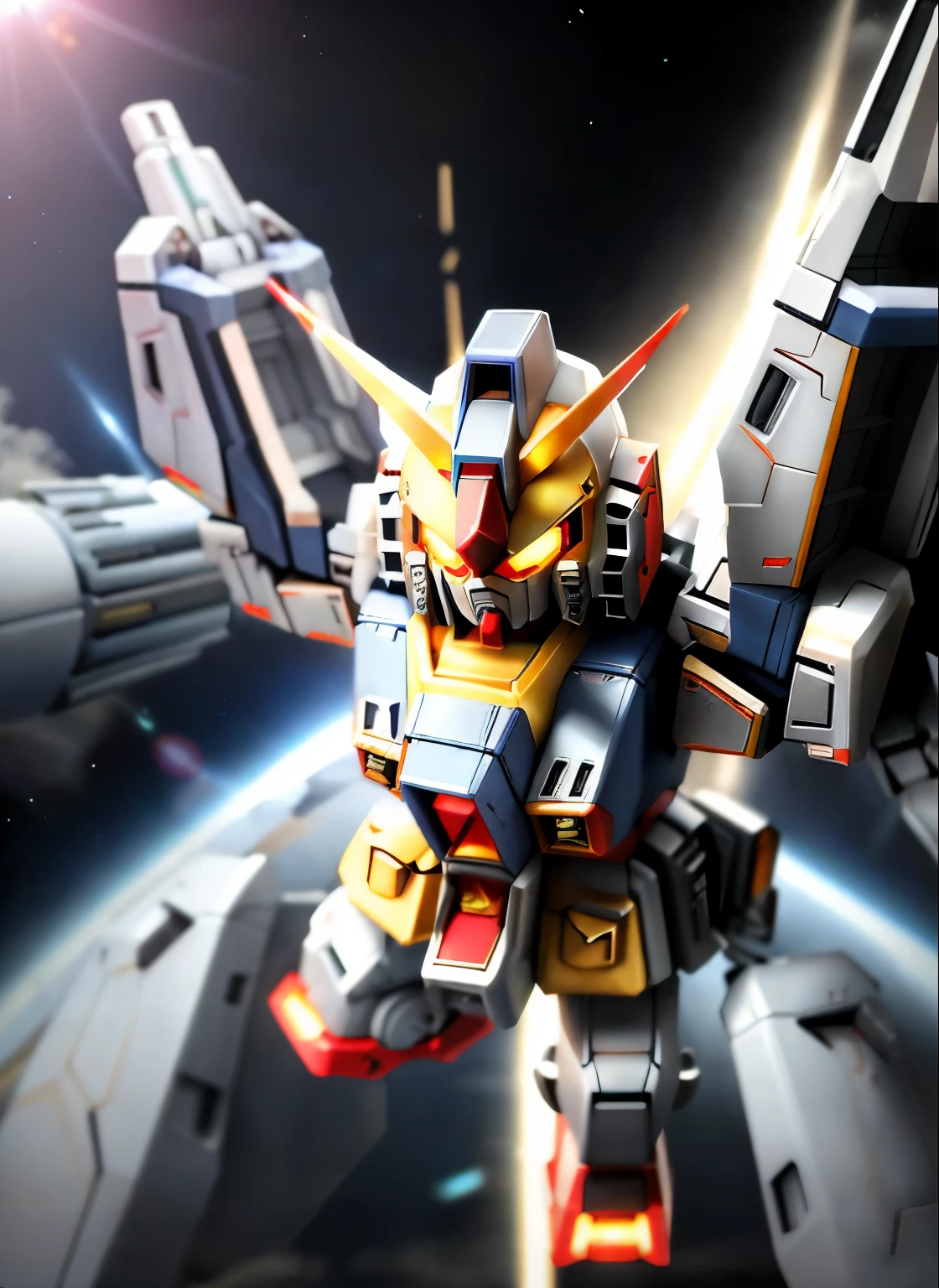 ((SF))、(masterpiece)、highest quality、Highly detailed CG Unity 8k wallpaper、((SD Gundam 1.4))、(F91)、sharp gaze、Confront the enemy with a bazooka and saber、dance in the air、Flying through the sky like a comet、surrounded by fin funnels、chibi character、background earth、realistic outer space、robot、mechanic、docking core、Maximum output、continuous attack、beam radiation、Vesbar、fully armed、rusty edge、shine of light、Lens flare、unreal engine、