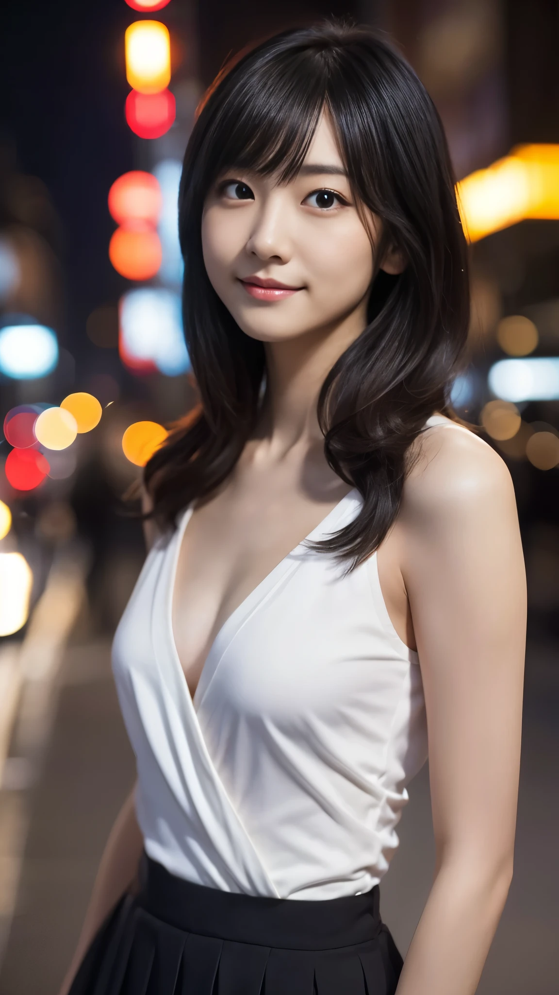 1 female,18-year-old,(numerical portrait:Mayu Yokota, Yuko Araki),black eye,beautiful face,(thin skeletal surface+delicate features、),非常にdetailed face,(delicate Japanese makeup), black eyelash curls for long hair,(messy and layered, by bangs), smile,Please look into the camera,fair and smooth skin,(optimal skin type:1.21),(clavicle:1.2),slim fit suits for women,V neck white short shirt,(deep v neck,big breasts),short hip wrap skirt,(realistic close-up photo of woman),thin waist、long legs,(slim body shape),street,((Hasselblad Photos)),surreal pictures, Physically based rendering,professional lighting,exquisite details,detailed face,the picture is pure,perfect hands,perfect posture,ultra fine makeup,ultra-fine clothing material、live action、smile and stand up straight、New York night view、blur the background
