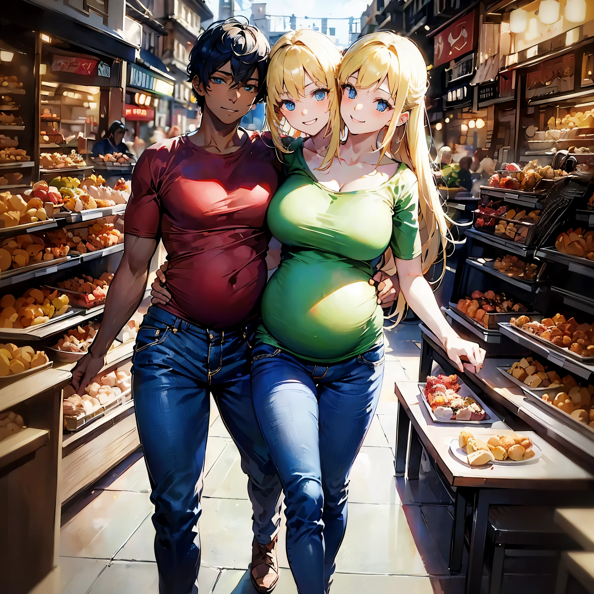 (masterpiece, best quality), best resolution, (young man with (black hair, brown eyes, dark skin, red t-shirt, black long pants)) and (young woman with (2heads, blond hair, blue eyes, green t-shirt, blue jean pants, pregnant belly, six pregnant)), two people walking next to each other, couple pose, smile, happy, love, park, cowboy shot