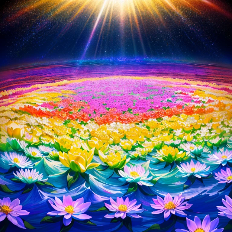 sea of flowerasterpiece roses),rainbow colored background, (highest quality,  masterpiece, Today&#39;s shot, lighting effects, chiaroscuro)、flowers floating in the waves、Flowers that turn into spray