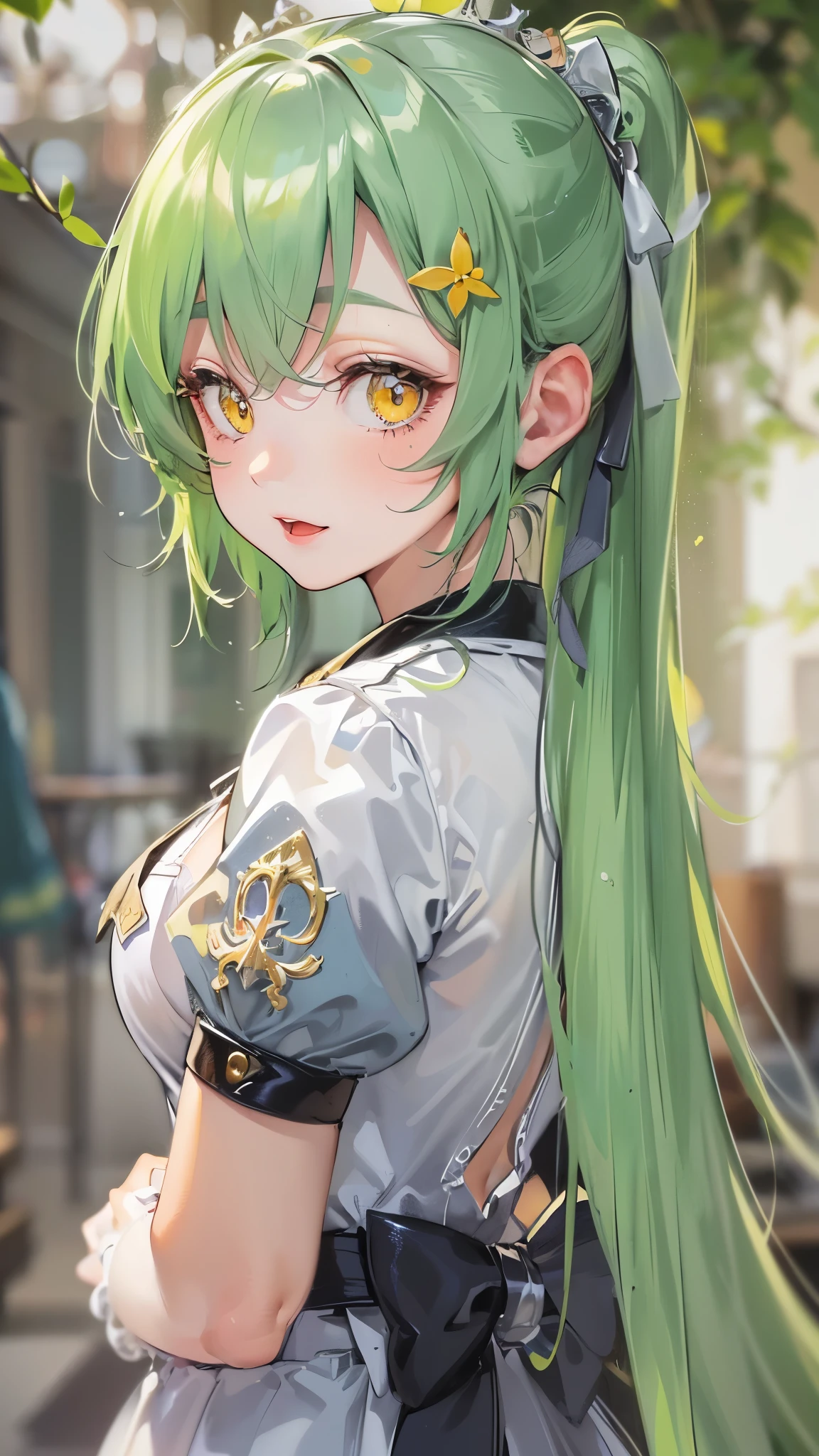 perfect anatomy, masterpiece:1.2, best quality, 8k, beautiful detailed grow, daydreaming expression, (((;3))), frontal (solo ponytail green hair long hair divine cute girl, , detailed yellow eyes), smile open mouth, in a maid uniform, break, in the enchanted room.