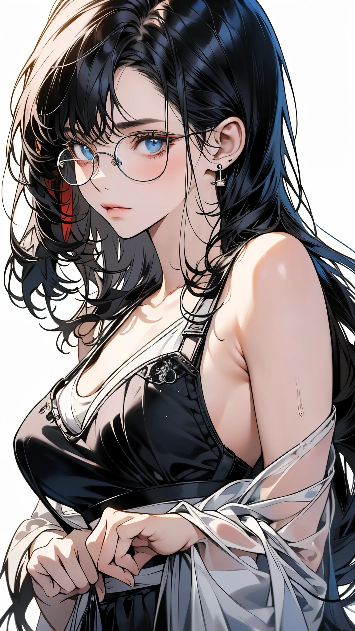 8k wallpaper, tmasterpiece, 电影灯光, Best quality at best, illustratio, dramatic angles, ((colours: 1.1)), ((Undercoat color: 1.4)), 1个Giant Breast Girl, Alone, long whitr hair, Eau, eBlue eyes, Black glasses, Collar, Open your lips, White collar, liquid hair, brunette color hair, By bangs, From the side Side, side, The upper part of the body, simple backgound, greybackground, exposed bare shoulders, sportrait, looking at viewert, White dress, hair between eye, white backgrounid, 耳Nipple Ring,