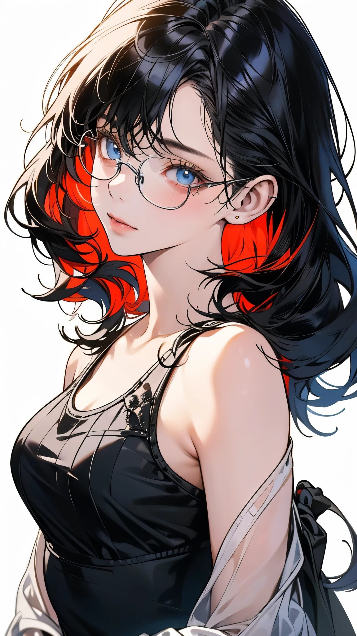 1 female,black hair, ,((impatient look)),beautiful breasts,thin white tank top,good style,,(facing the front)(((cheeks turn red、surprised expression)),(),((( upper body portrait)))frameless glasses,blue eyes,(((The bangs are even)))((See-through))sexy bra(wet state)