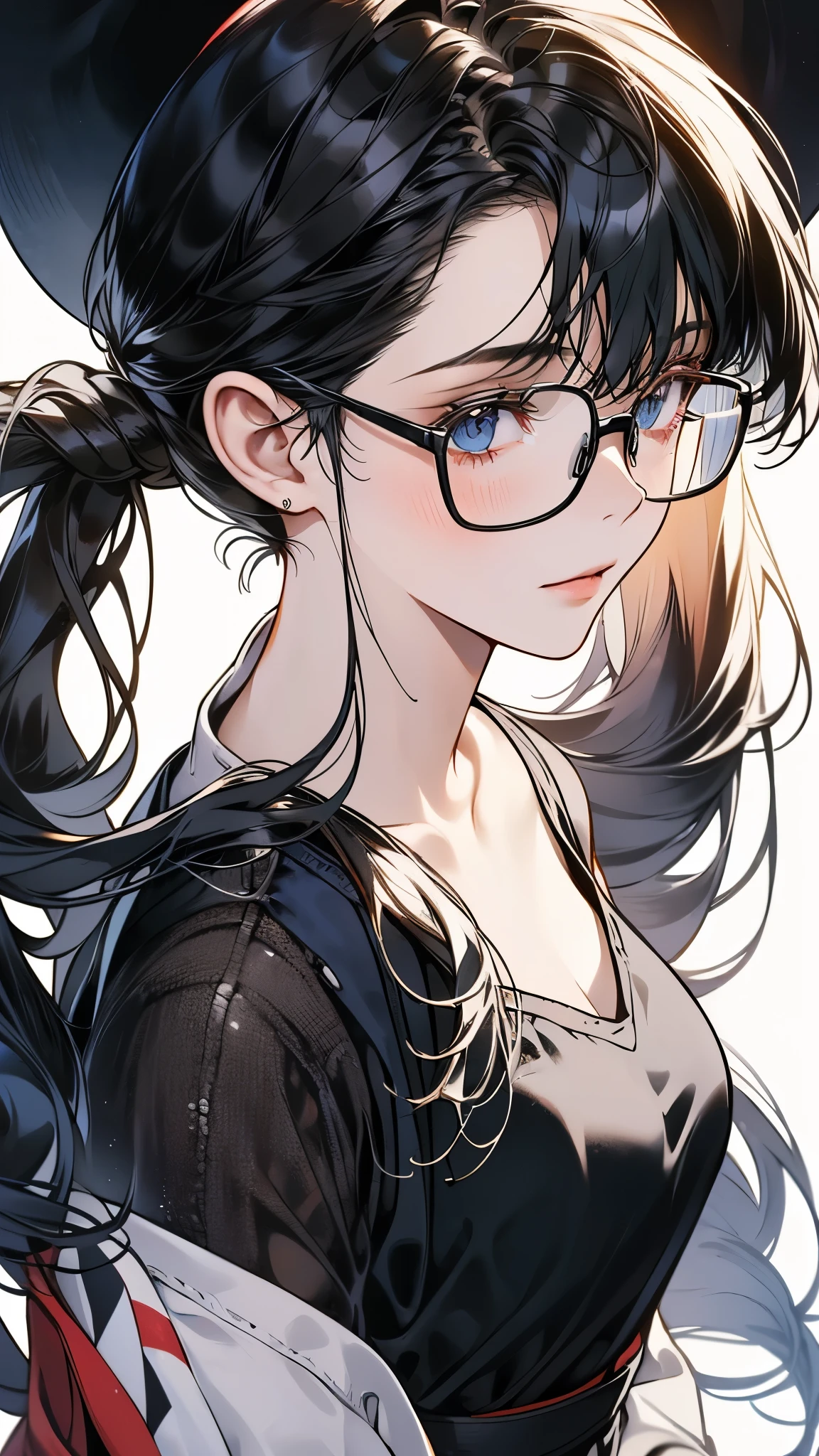 1 female,black hair, ,((impatient look)),beautiful breasts,thin white tank top,good style,,(facing the front)(((cheeks turn red、surprised expression)),(),((( upper body portrait)))frameless glasses,blue eyes,(((The bangs are even)))((See-through))sexy bra(wet state)