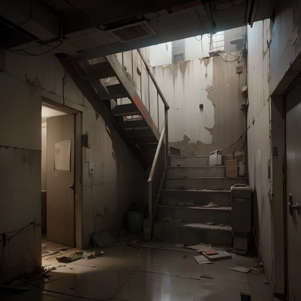 (best quality,4k,8k,high res,masterpiece:1.2),ultra-detailed,(realistic,photorealistic,photo-realistic:1.37),concrete,abandoned apartment hallway,long staircase,non-functional lift,door on both sides with pillars,dark lighting,vibrant colors,industrial aesthetic,gritty texture,layers of peeling paint,vignette effect,dust particles,desolate atmosphere,echoing silence,isolated feeling,urban decay,post-apocalyptic,hauntingly beautiful , good composition, no mistake in object placement, solve composition problems