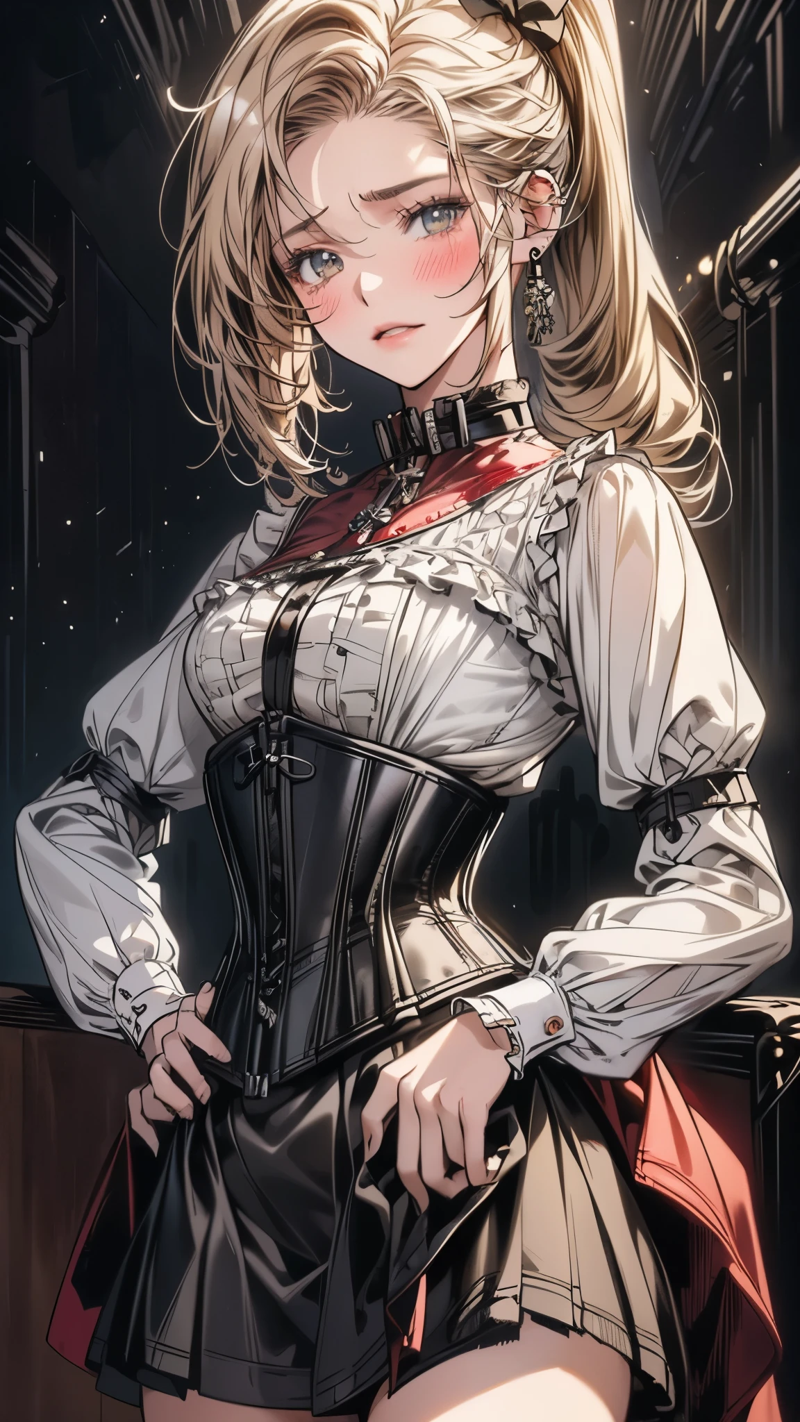 (masterpiece)))、((highest quality))、(Super detailed)、(CG illustration)、(so beautiful ))、cinematic light、(((1 Mechanical Girl)))、 SF、Apocalypse、erotic grotesque、(beautiful and luxurious:1.2)、(1 girl:1.3)、facing the front, (double breasted,under bust:1.2), gap between buttons,(((corset belt))),(((high waist mini skirt,)))
