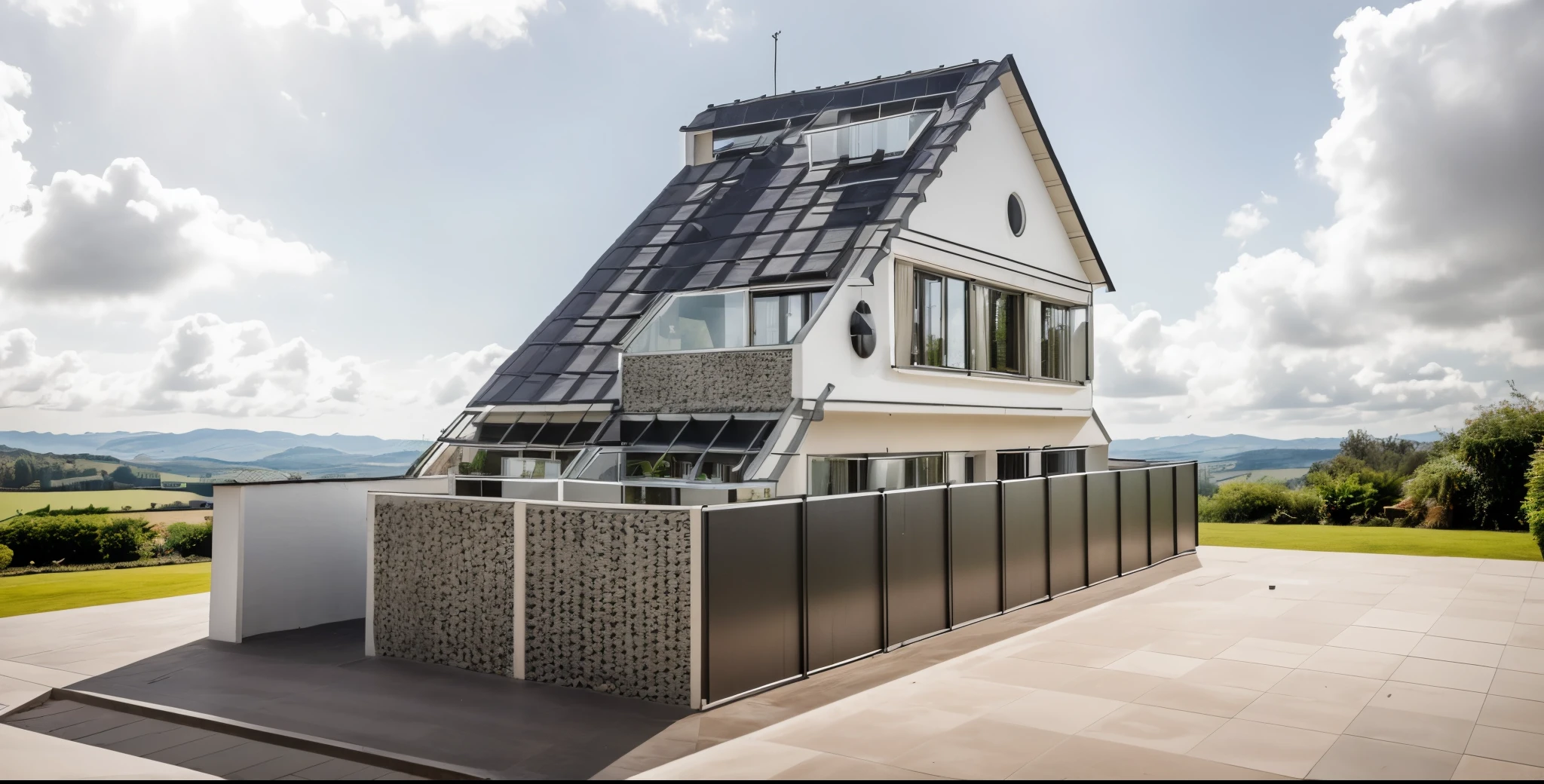 RAW photo,Masterpiece, high quality, best quality, authentic, super detail, outdoors, homestay style modern in countryside with dark tile roof, white wall, galss windows, indoors furniture,chimney, tropical garden, Garden and walkway in front daylight,soft light, trees, blue sky