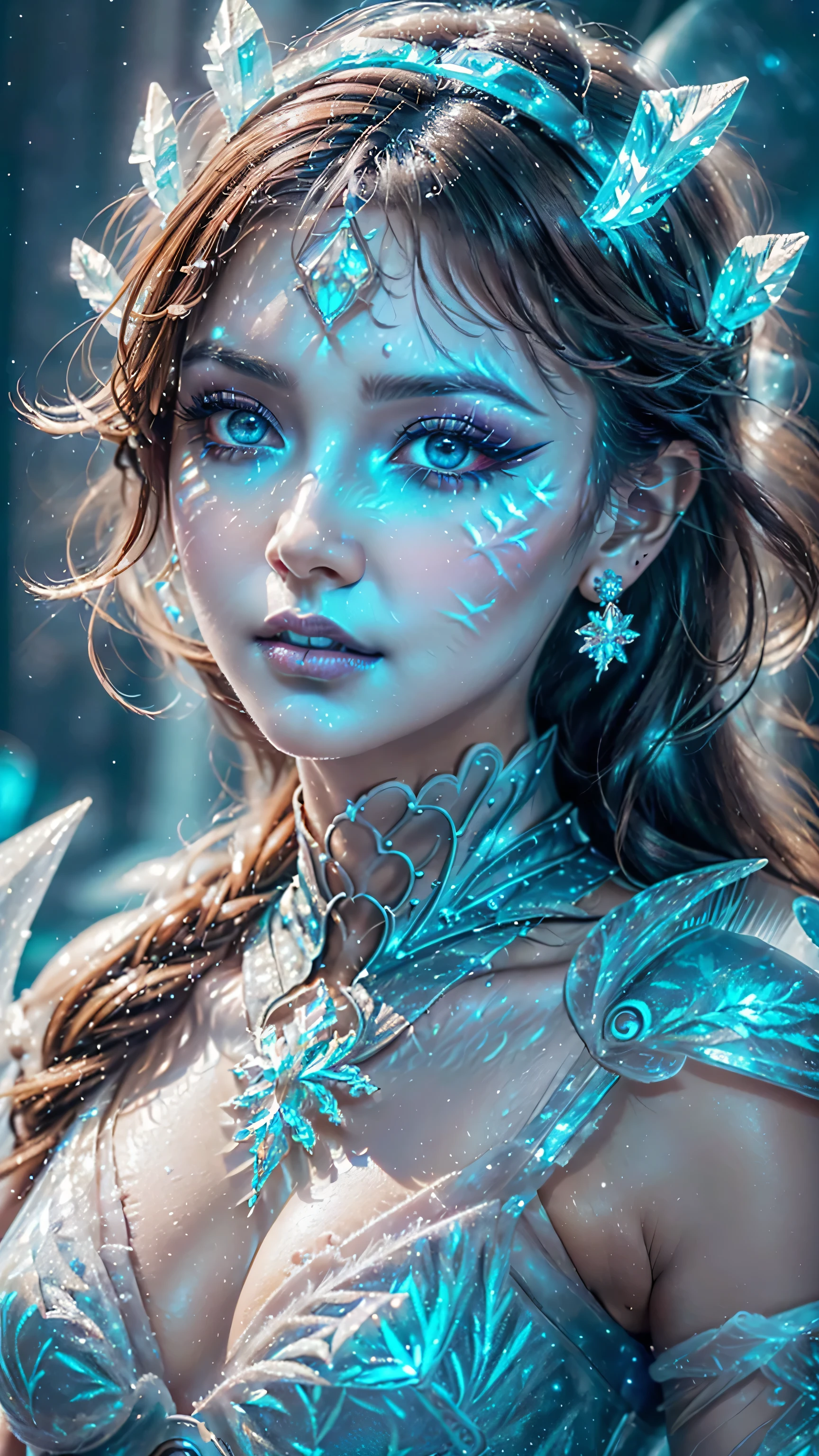 dressed, (details of a very beautiful face)(best quality:1.4)16k resolution,(photo realistic:1.65), (realistic:1.65), 16k, (1girl:1.4) 21years old、((ancient ice priestess:1.3))、(((pillar of neon cold light from the sky:1.4))), (Increase quality:1.3), (best quality real texture skin:1.2), (ultra detailed eyes:1.3), ((finely detailed face:1.3)), ((finely quality eyes)), (tired and sleepy and satisfied:0.0), (detailed lips:1.33)、(Detailed nose:1.2)、(Increase body line mood:1.1), (Increase skin texture beauty:1.3), (small head: 1.4)、(slim face), ((anatomically correct)), velvety frost_makeup:1.35, long_blue_eyeliner:1.2, (frozen blue_ice_lipstick:1.4), ((frozen_blue_eyes:1.3)), (perfect blue_frozen_eyeshadows:1.3), there a close up of a woman's, (super detailed makeup on eyes:1.3), iridescent eyes, with professional makeup, vibrant eyes:1.2, (((Fluorescent ice crystals of different color:1.43)), (translucent:1.4), (Fantasy:1.4))), (anatomically correct:1.3)、((cleavage))、(I encourage you to choose a subdued and perfectly coordinated background for your phenomenal, diverse random creation)、((Use any technique to combine available materials, ((ice, fantasy armor, glass)):1.4), ((a beautiful antique ice diadem on her head)), (((bioluminescence ice:1.33))), ((fantasy elemental magic of the land of ice:1.31)), ((hair is a different color than eyes)), dynamic random fancy, professional hairstyles)、(very delicate and beautiful、fine details:1.3)、((ultra sharp fouatte skin:1.45))、((upper body shot:1.3))、(((wearing a dress of bioluminescence ice armor:1.33))), (((a very complicated, fancy style of dress in the shape of ice crystals: 1.65))), ((falling snowflakes, icy touch in the foreground:1.34)), UHD
