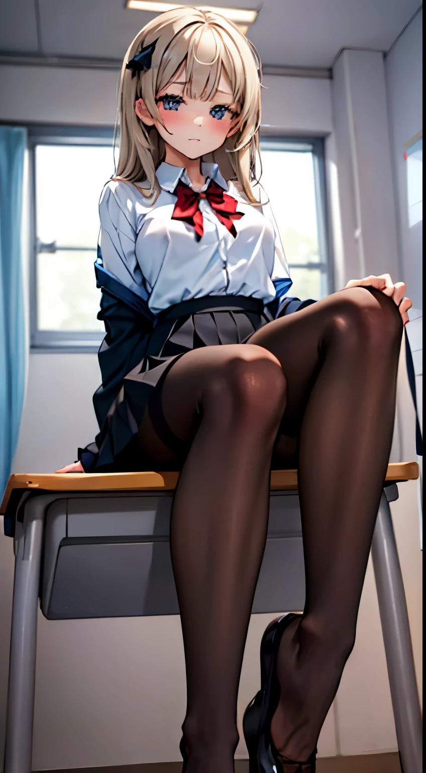 masterpiece　Crystal clear lines　Super beautiful girl　one high school girl　black pantyhose　two legs　shyness　troubled face　sit at desk　footjob trample　evening classroom