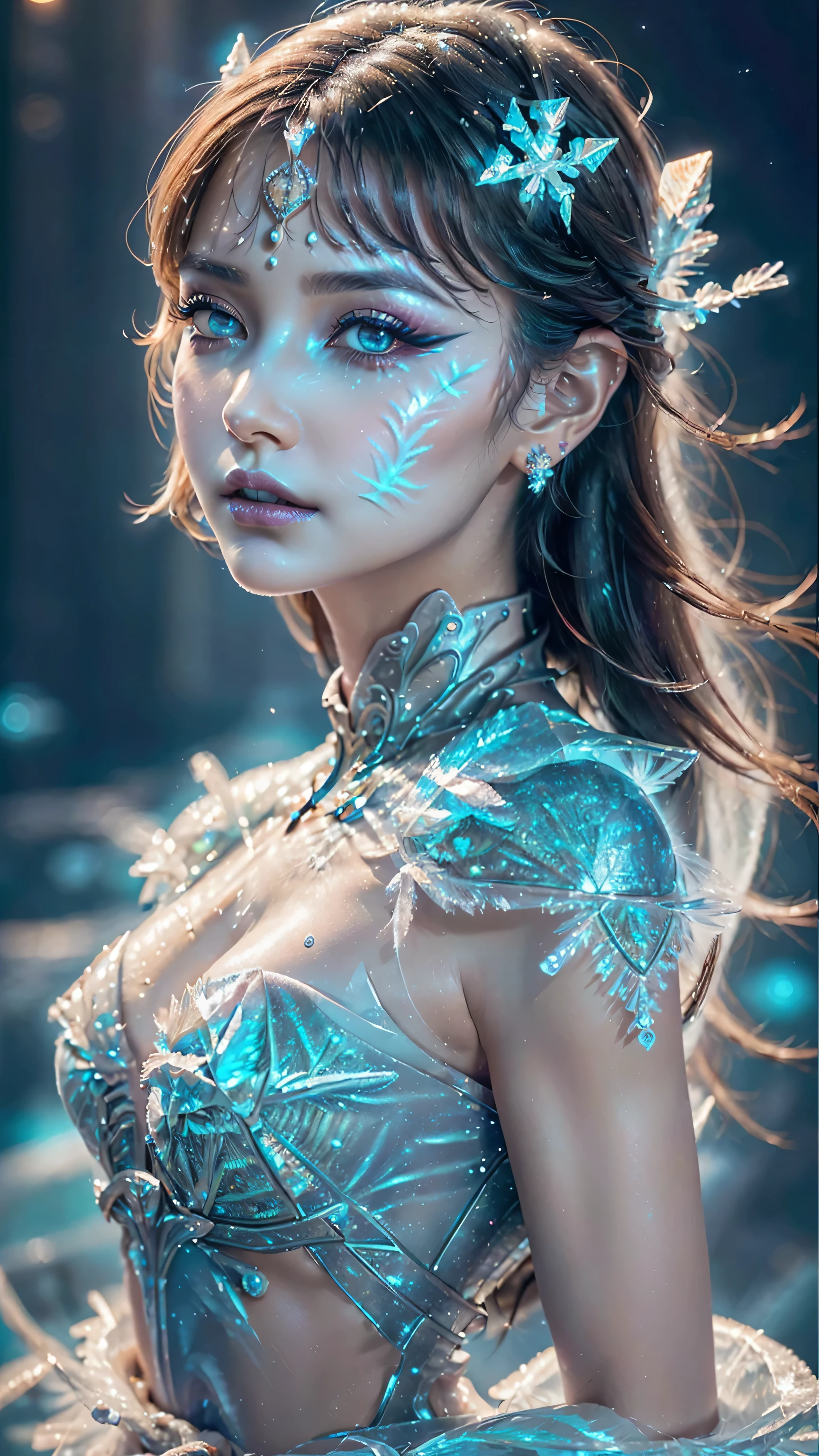 dressed, (details of a very beautiful face)(best quality:1.4)16k resolution,(photo realistic:1.65), (realistic:1.65), 16k, (1girl:1.4) 21years old、((ancient ice priestess:1.3))、(((pillar of neon cold light from the sky:1.4))), (Increase quality:1.3), (best quality real texture skin:1.2), (ultra detailed eyes:1.3), ((finely detailed face:1.3)), ((finely quality eyes)), (tired and sleepy and satisfied:0.0), (detailed lips:1.33)、(Detailed nose:1.2)、(Increase body line mood:1.1), (Increase skin texture beauty:1.3), (small head: 1.4)、(slim face), ((anatomically correct)), velvety frost_makeup:1.35, long_blue_eyeliner:1.2, (frozen blue_ice_lipstick:1.4), ((frozen_blue_eyes:1.3)), (perfect blue_frozen_eyeshadows:1.3), there a close up of a woman's, (super detailed makeup on eyes:1.3), iridescent eyes, with professional makeup, vibrant eyes:1.2, (((Fluorescent ice crystals of different color:1.43)), (translucent:1.4), (Fantasy:1.4))), (anatomically correct:1.3)、((cleavage))、(I encourage you to choose a subdued and perfectly coordinated background for your phenomenal, diverse random creation)、((Use any technique to combine available materials, ((ice, fantasy armor, glass)):1.4), ((a beautiful antique ice diadem on her head)), (((bioluminescence ice:1.33))), ((fantasy elemental magic of the land of ice:1.31)), ((hair is a different color than eyes)), dynamic random fancy, professional hairstyles)、(very delicate and beautiful、fine details:1.3)、((ultra sharp fouatte skin:1.45))、((upper body shot:1.3))、(((wearing a dress of bioluminescence ice armor:1.33))), (((a very complicated, fancy style of dress in the shape of ice crystals: 1.65))), ((falling snowflakes, icy touch in the foreground:1.34)), UHD
