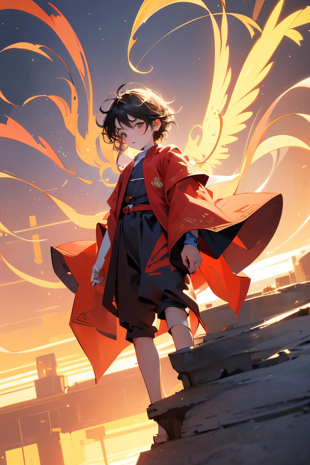 Little boy with three heads and six arms,Holding golden steel ring in hand,Stepping on fire,Flying over the streets,Long red cloth floating in the sky