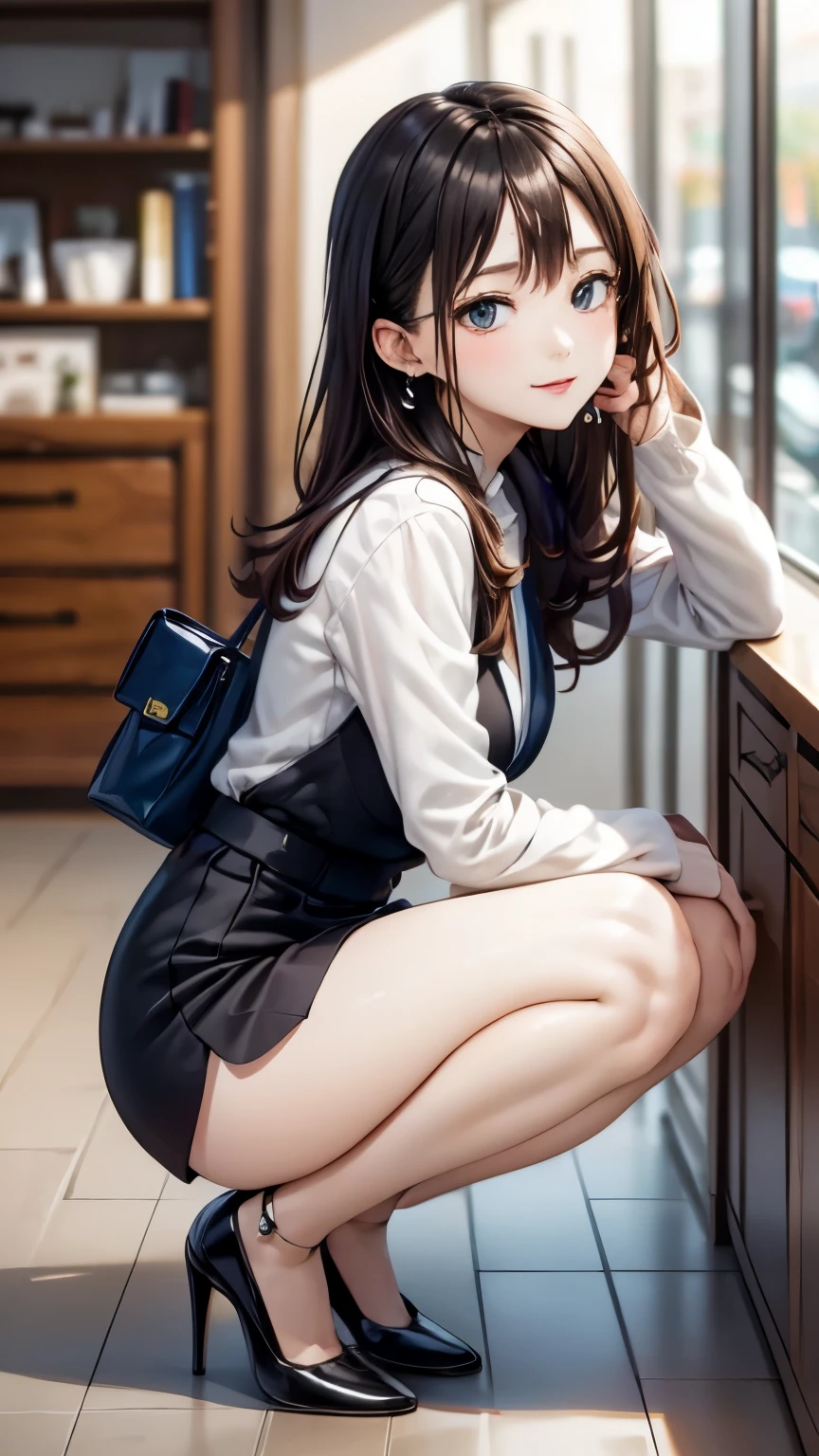 ((focus on the face)),NSFW, (full body shot, Full body photo including face), ((Cute symmetrical face))、OL、beautiful girl、outstanding style、slender body、(small butt、thin thighs）、business suit、knee length skirt、pantyhose、(high heels、anklets of the same color）、office、standing、I could see the whole body、handbag、head to toe photo、please describe the face、small earrings、2 women