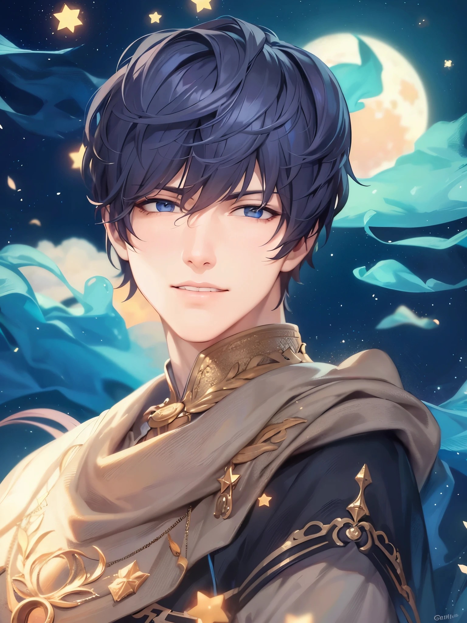 a handsome guy、serious expression、please close your mouth、Fantastic moon and stars background、Highly Detailed CG Unity 8K Wallpaper, (super masterpiece, beautiful person, well detailed face polluted smile, It&#39;s photorealistic, hyper realistic)