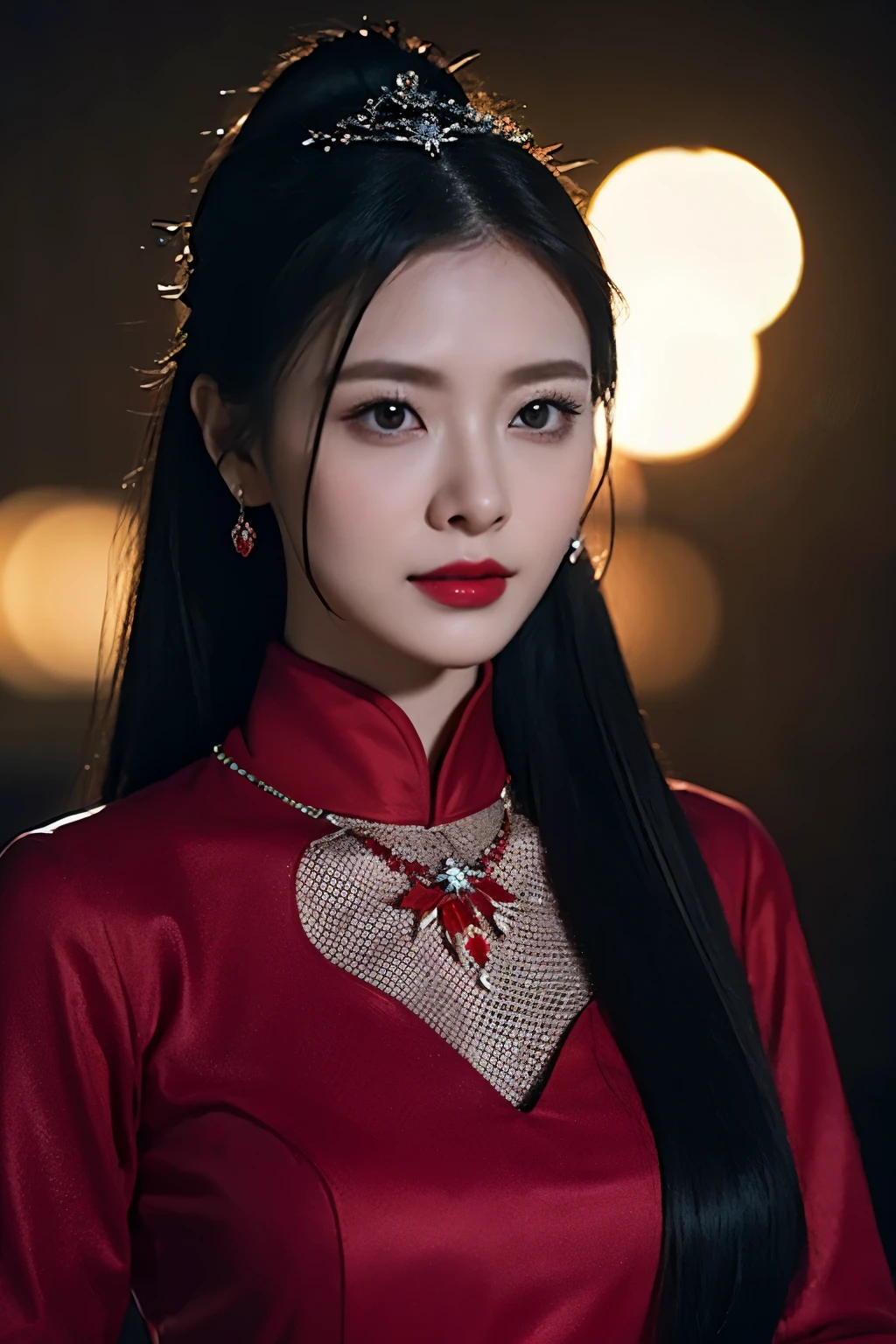 best quality, masterpiece, high resolution, 1 girl, Hanfu, Underwear China, hair accessories, necklace, jewelry, pretty face, above_Body, Tyndall effect, lifelike, dark studio, edge lighting, two color lights, (High detail skin:1.2), 8k ultra高清, SLR camera, soft light, high quality, Volumetric lighting,
confess, photo, high resolution, 4k, 8k, Bokeh, (light pink lips), 1 Beautiful devil woman from hell, in the darkness: 1.6), 大衛霍克尼和阿爾方斯穆夏的超現實女性portrait, fantasy art, photo写实主义, Dynamic lighting, art station, Volumetric lighting, Very detailed faces, 8k ultra, won, in the darkness,
deep shadow, low profile, denim lenses, (red phoenix dress: 1.4), long hair, black hair, broken to pieces, luxurious palace, royal style, Demon Crown, Red eye makeup is very sharp and detailed, the most beautiful face, The breasts are big and round, Surreal, Chinese women's clothing, polo neck sweater, charming smile, Eye makeup is very good, guweiz, devil style,
Wearing black fishnet stockings, ponytail,Tie a bow at the back of your hair, red and black lips, Shoulder devil tattoo, Wearing thin red and black clothes, robe, The weather is gloomy and thunderous, (portrait), Protagonist close-up, (Background details 1.8),
information