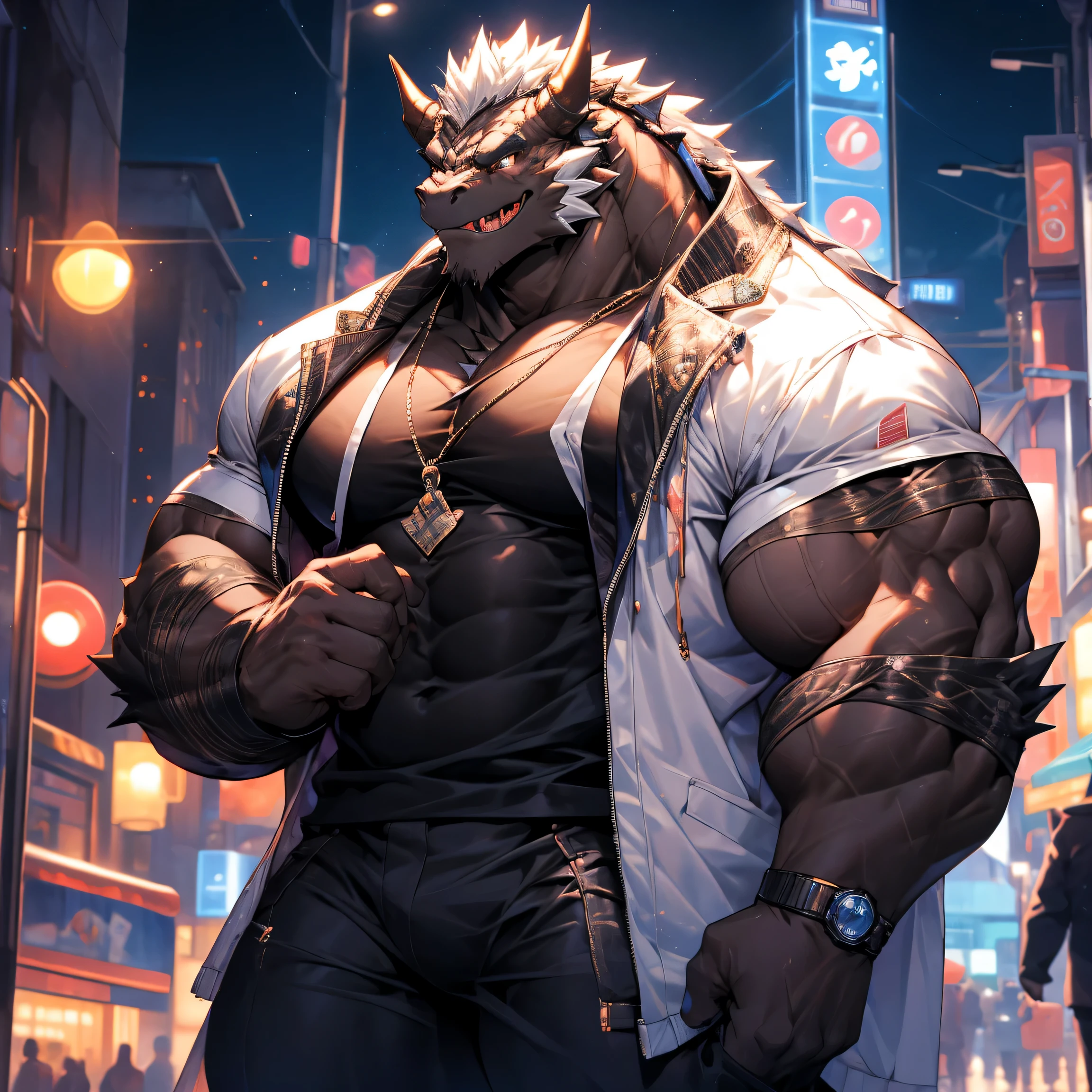 Very muscular black dragon, Large pecs, Heavyweight, Bodybuilder figure, wearing white jacket, skirt, big lump, in public spaces filled with buildings, Big smile emoticon, skin sparkling, bright colors, 4k, realism, cool lights