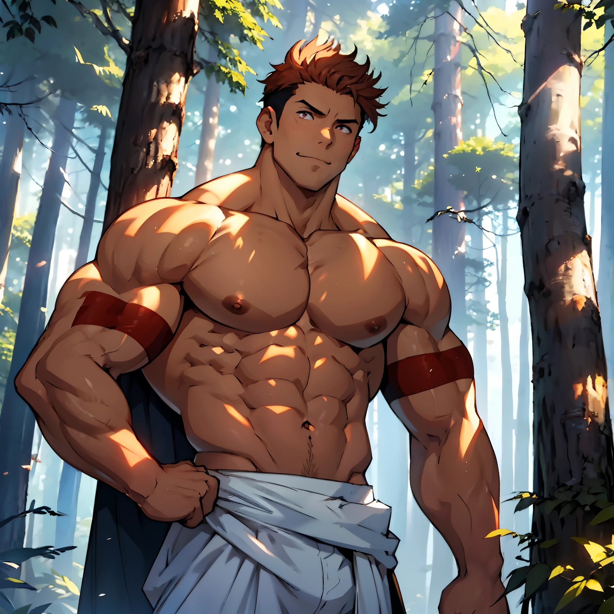 best image quality, 8k, super detailed, Tanned skin shines in the sunlight filtering through the trees, the muscular body、Standing shows strength and masculinity, confident, His auburn hair falls casually over his broad shoulders., A pulsating member that stands out with its impressive size, Ready to provide intense and deep pleasure, His eyes are charming