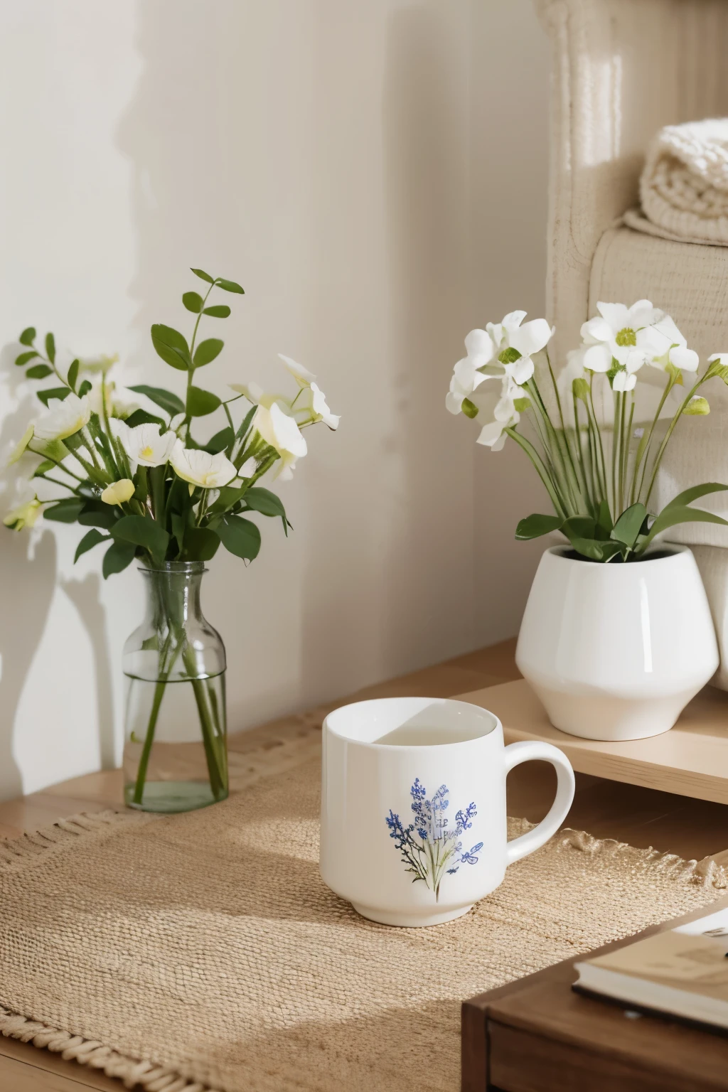 Ceramic mugs,Nordic minimalism,Handmade feeling,Spring breath,small wildflower pattern,Soft illuminaotion/ soft lights ,livingroom,Ansel Adams,wide shot