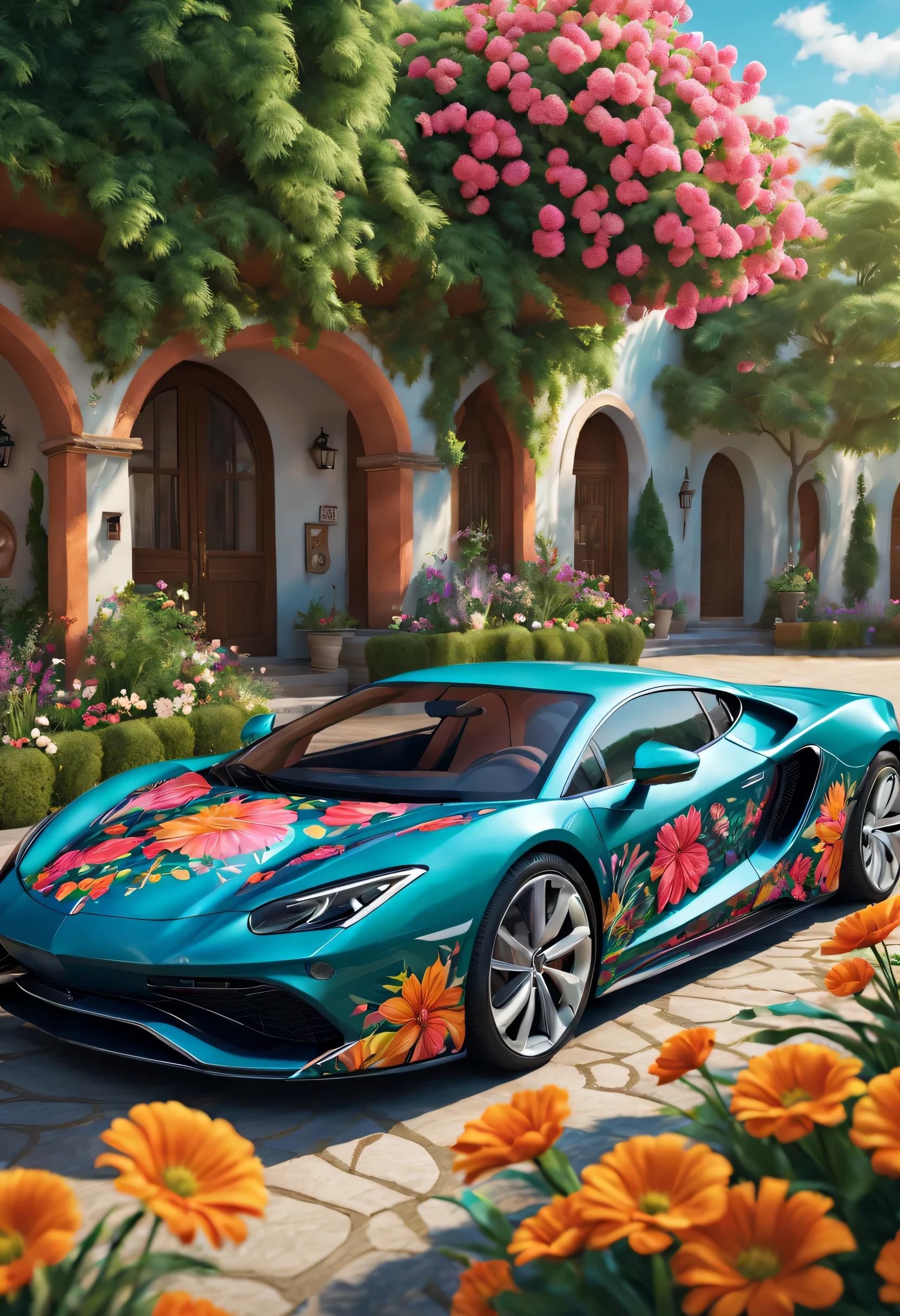 car with floral pattern, bright colors, High quality details, glossy finish, 4K resolution, bright lights, elegant design, Luxurious appearance, Flowers blend seamlessly with the car body, intricate floral pattern, Professional-grade artwork, realistic depiction, Dynamic and stylish styling, Striking center ornament, artistic masterpiece, Perfect harmony between nature and machine, Vivid and realistic performance, Shocking visual impact