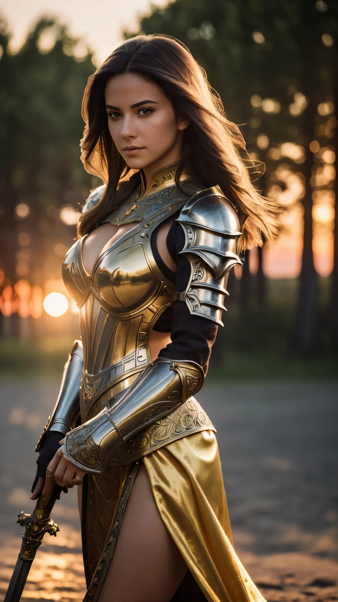 (masterpiece), (extremely intricate:1.3), (realistic), full body girl, the most beautiful in the world, (metal medieval armor), metal reflections, golden sword, outdoors, intense sunlight, far away castle, professional photograph of a stunning woman detailed, sharp focus, dramatic, cinematic lighting, octane render unreal engine, volumetrics dtx, (film grain, blurry background, blurry foreground, bokeh, depth of field, sunset, motion blur:1.3), large breasts