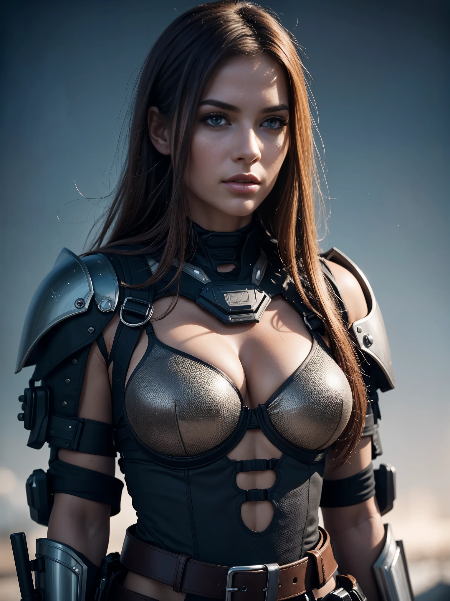 Create an image depicting one ultra hot gorgeous european woman, age 23, light auburn hair, she's a playmate, a men magazine model, in ARMOR, holding weapons, as a futuristic cyberpunk warrior in a dystopian world. Juxtapose the beauty with a harsh, survivalist winter night environment with northern lights. Perfect anatomy, Perfect eyes, perfect hands, perfect body, perfect hair, perfect breast, accurate, UHD, retina, masterpiece, anatomically correct, textured skin, super detail, high details, high quality, award winning, best quality, highres, 16k, 8k