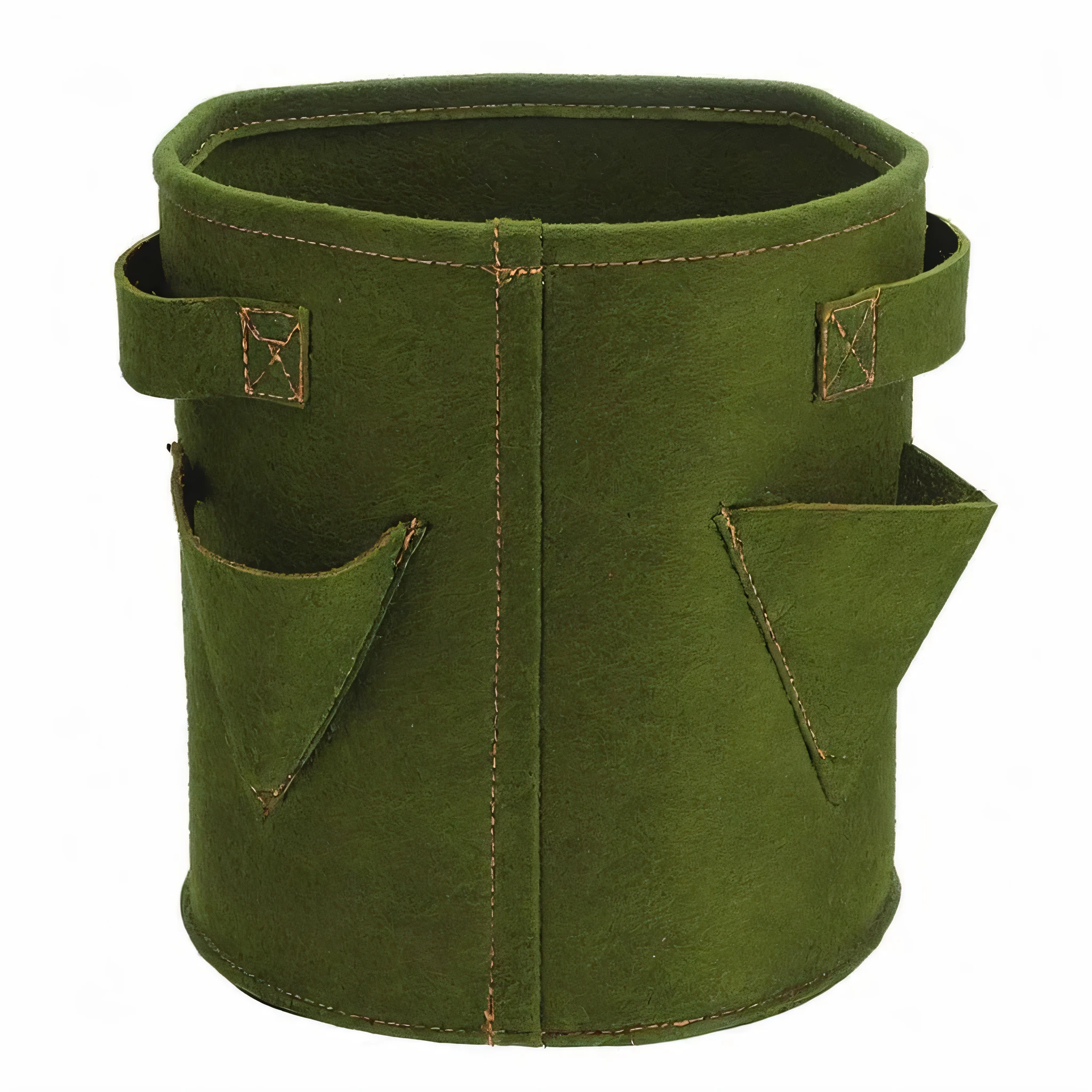 a close up of a green bucket with a leather handle, felt, full shot ( fs ), olive green, olive, full-shot, full - shot, unique pot made for houseplants, herb, medium, verdant, fey, moss, with two front pockets, utilitarian, product photo, plant, gardening, official product photo, heavy green, sturdy