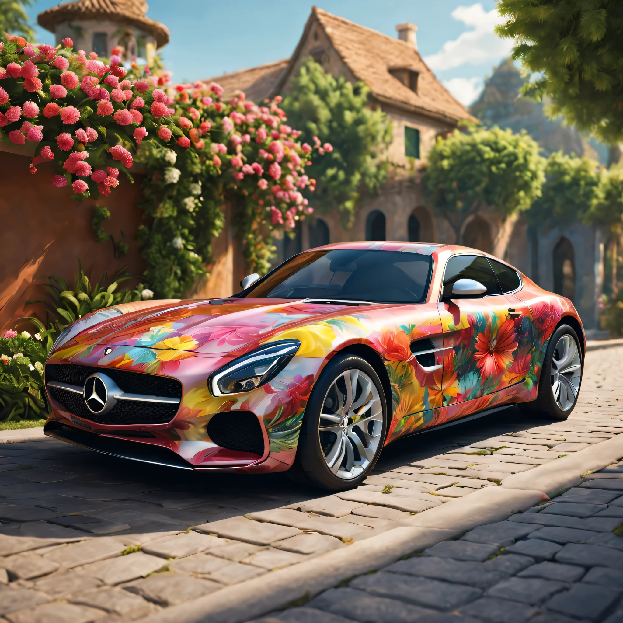 car with floral pattern, bright colors, High quality details, glossy finish, 4K resolution, bright lights, elegant design, Luxurious appearance, Flowers blend seamlessly with the car body, intricate floral pattern, Professional-grade artwork, realistic depiction, Dynamic and stylish styling, Striking center ornament, artistic masterpiece, Perfect harmony between nature and machine, Vivid and realistic performance, Shocking visual impact