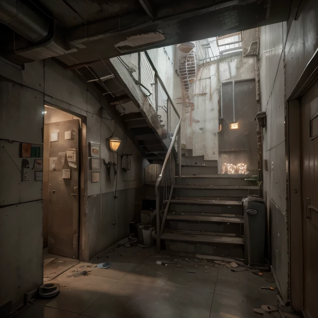 (best quality,4k,8k,high res,masterpiece:1.2),ultra-detailed,(realistic,photorealistic,photo-realistic:1.37),concrete,abandoned apartment hallway,long staircase,non-functional lift,door on both sides with pillars,dark lighting,vibrant colors,industrial aesthetic,gritty texture,layers of peeling paint,vignette effect,dust particles,desolate atmosphere,echoing silence,isolated feeling,urban decay,post-apocalyptic,hauntingly beautiful , good composition, no mistake in object placement, solve composition problems, ivy growing , more lights , cyberpunk style