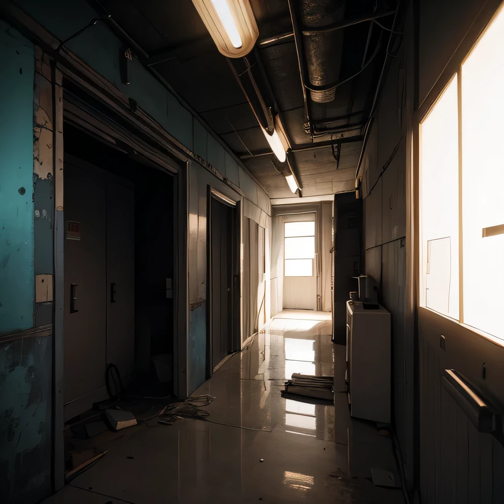 (best quality,4k,8k,high res,masterpiece:1.2),ultra-detailed,(realistic,photorealistic,photo-realistic:1.37),concrete,abandoned apartment hallway,long staircase,non-functional lift,door on both sides with pillars,dark lighting,vibrant colors,industrial aesthetic,gritty texture,layers of peeling paint,vignette effect,dust particles,desolate atmosphere,echoing silence,isolated feeling,urban decay,post-apocalyptic,hauntingly beautiful , good composition, no mistake in object placement, solve composition problems