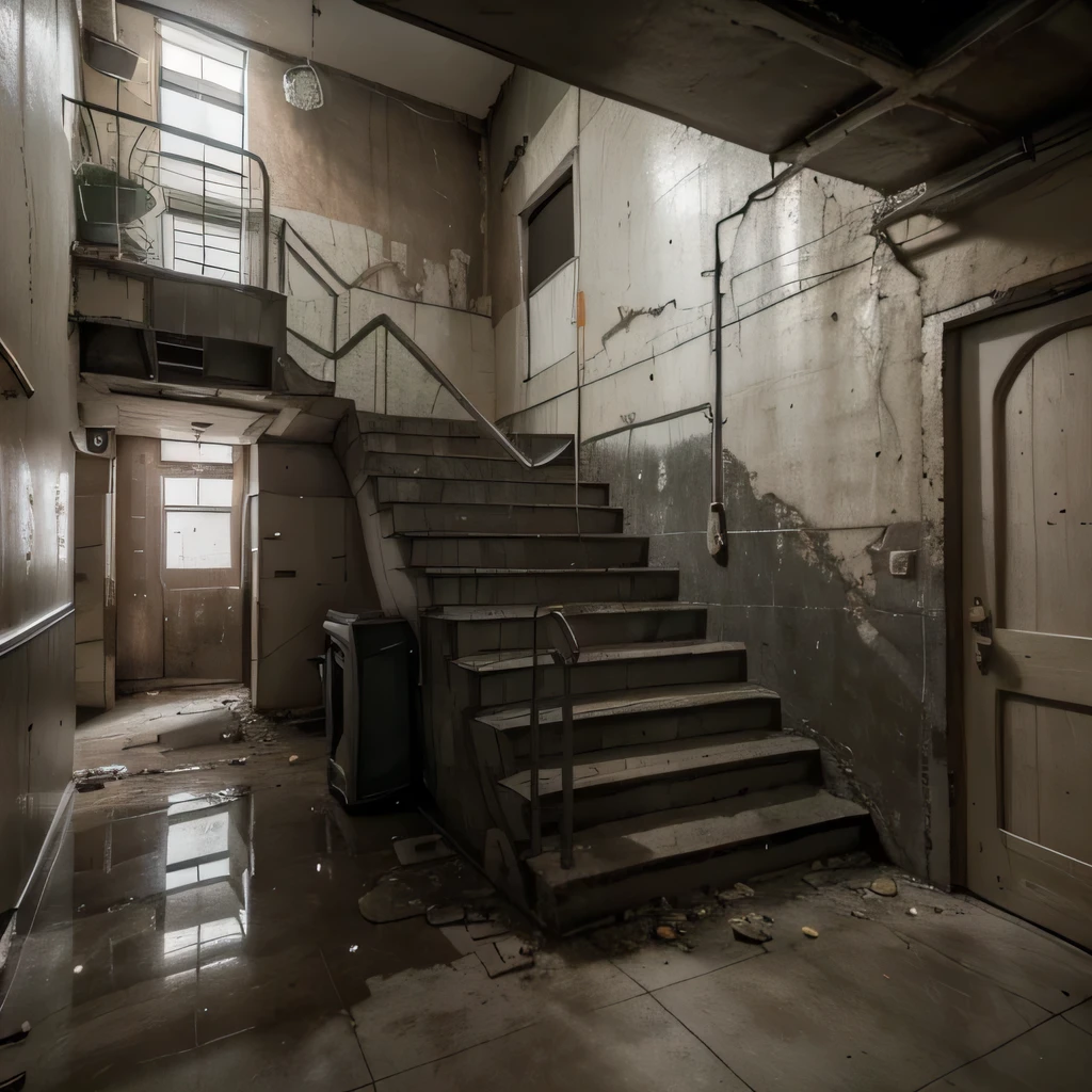 (best quality,4k,8k,highres,masterpiece:1.2),ultra-detailed,(realistic,photorealistic,photo-realistic:1.37),concrete,abandoned apartment hallway,long staircase,non-functional lift,door on both sides with pillars,dark lighting,vibrant colors,industrial aesthetic,gritty texture,layers of peeling paint,vignette effect,dust particles,desolate atmosphere,echoing silence,isolated feeling,urban decay,post-apocalyptic,hauntingly beautiful